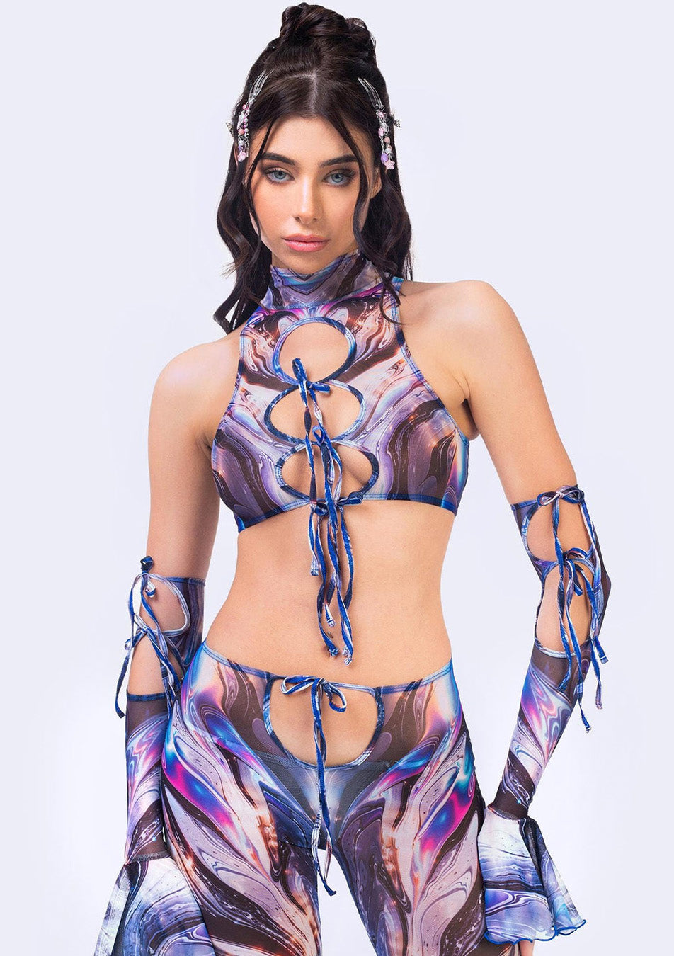 matching printed festival set in blue, purple, and pink