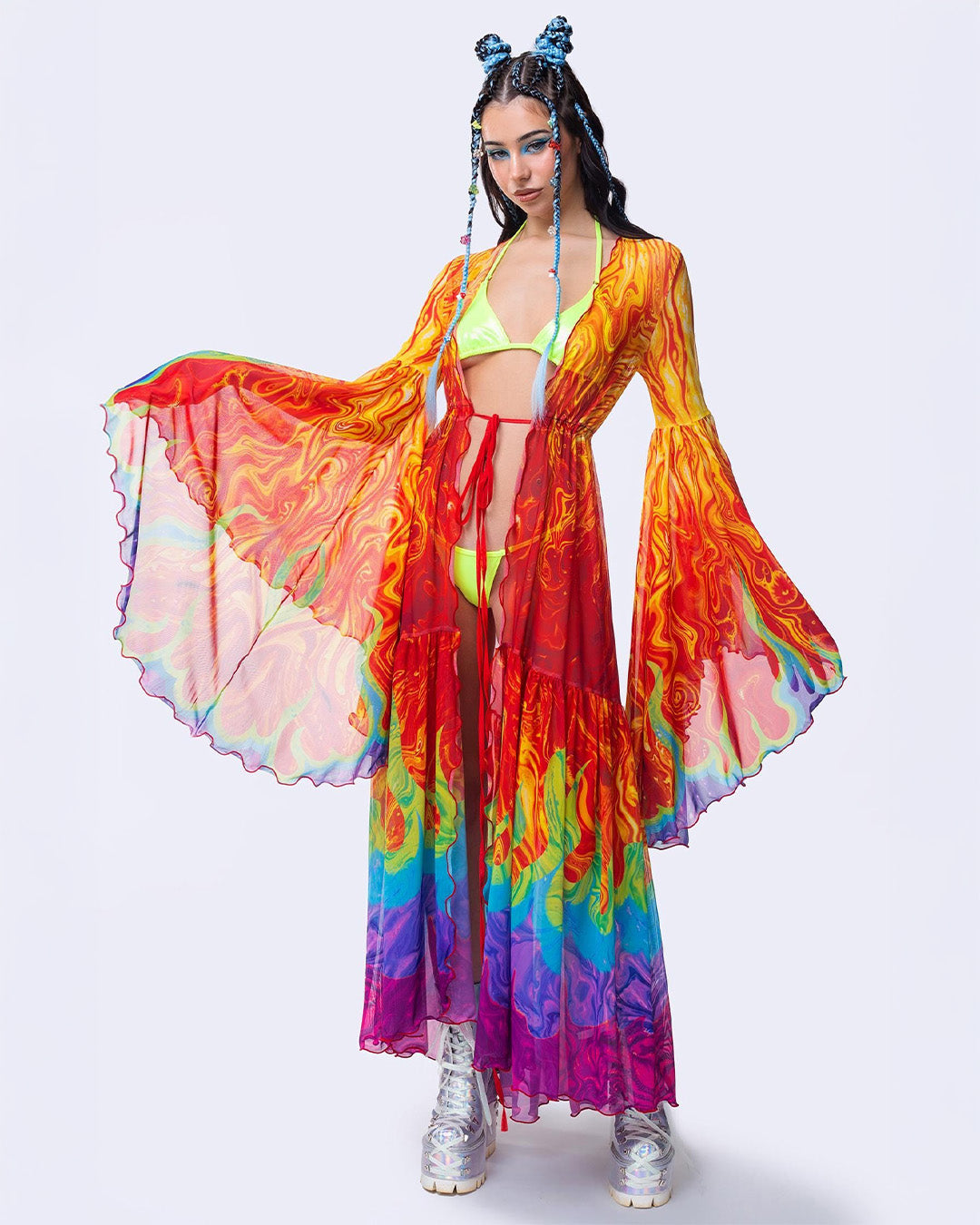 rainbow-colored festival duster with drmatic flowing sleeves