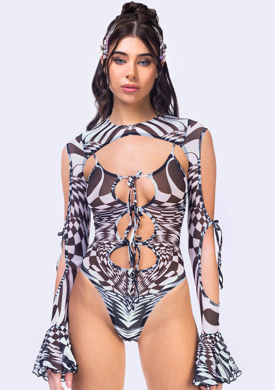 2-piece ribbon bodysuit made from sheer mesh