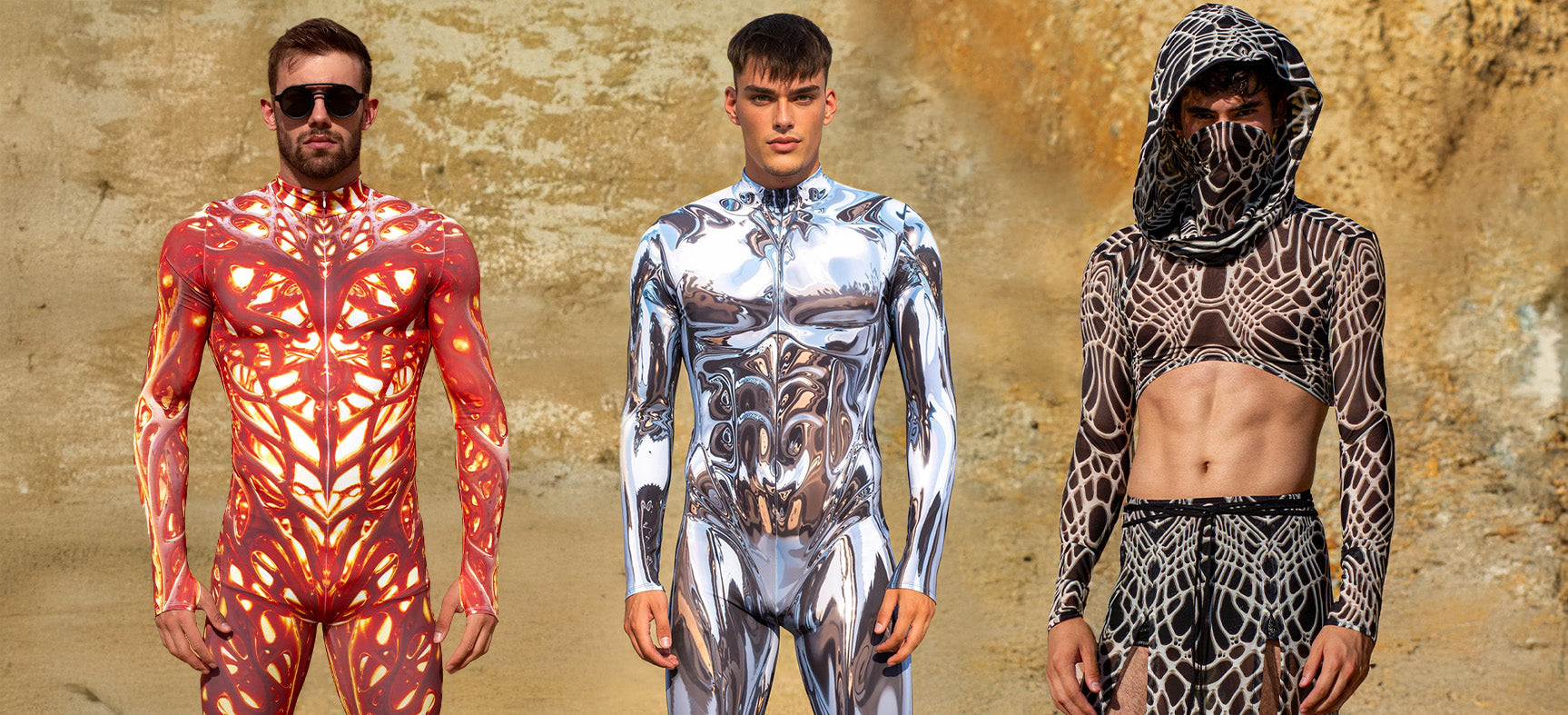 man wearing mesh rave desert set outfit