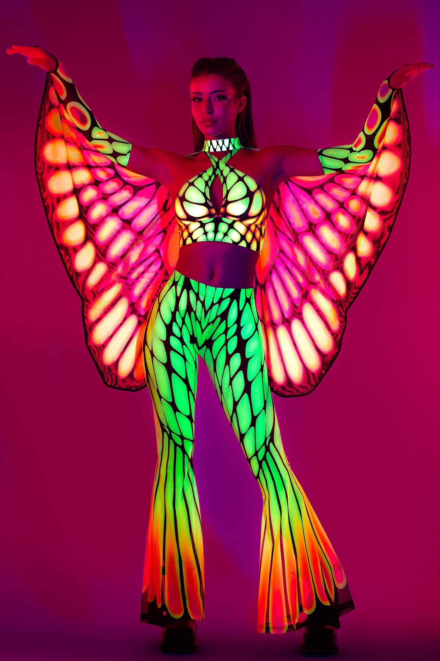 Butterfly Neon Rave Pants with See Through Mesh - BADINKA