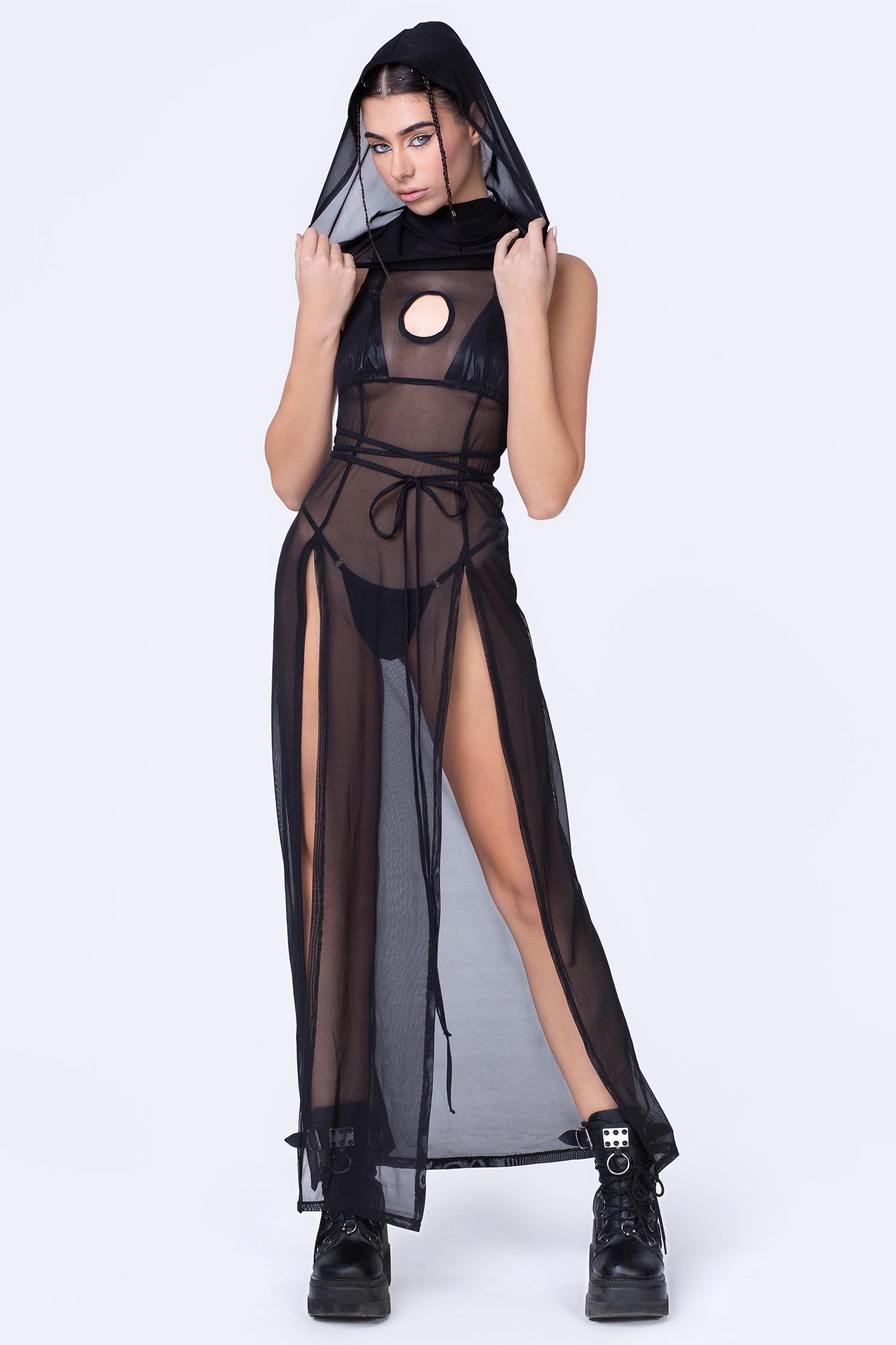 mesh dress with hood Dayna Hooded Mesh Maxi Dress - Denim