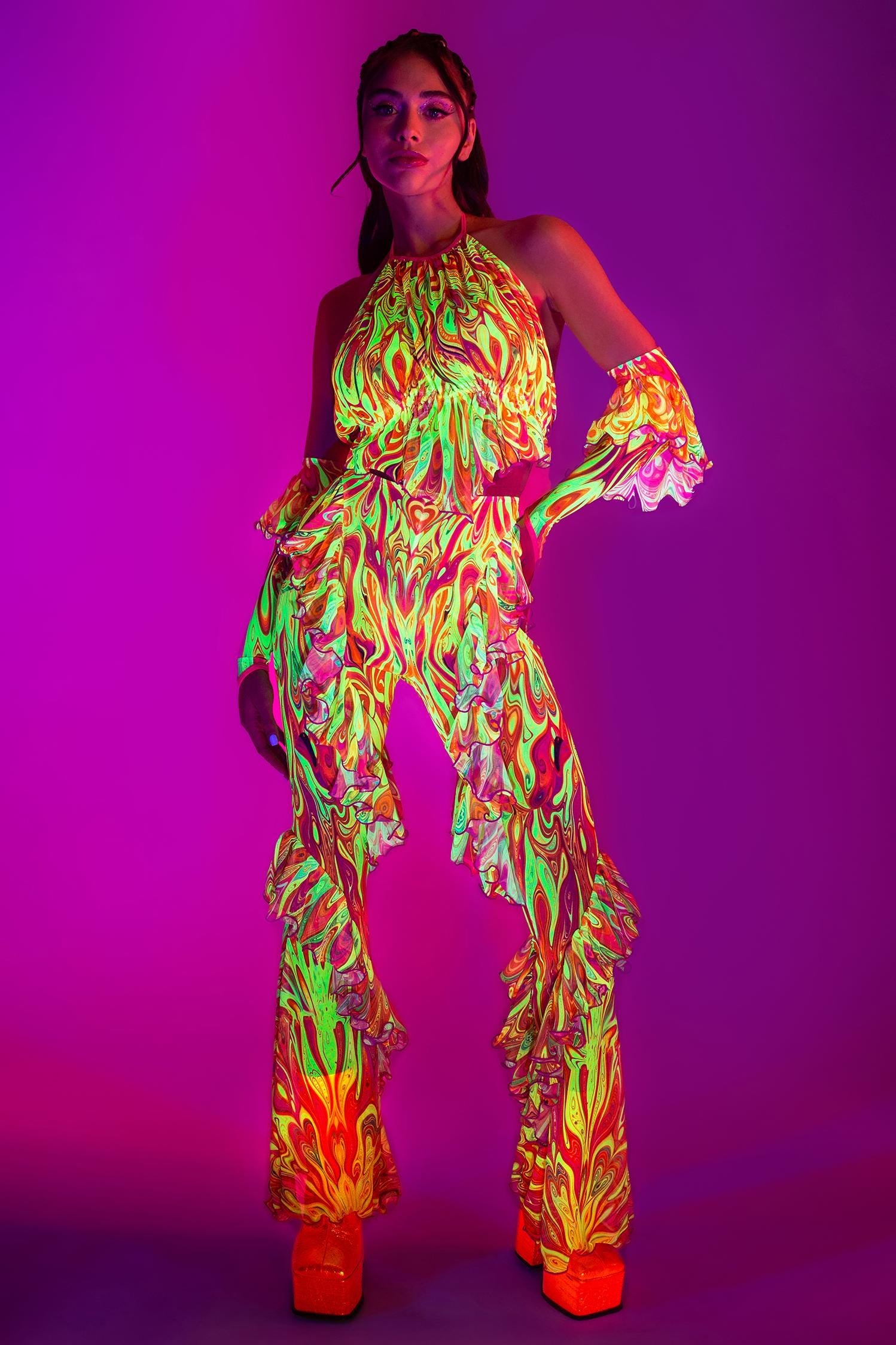 BADINKA Psychedelic By Nature Halter Ruffled Top Rave