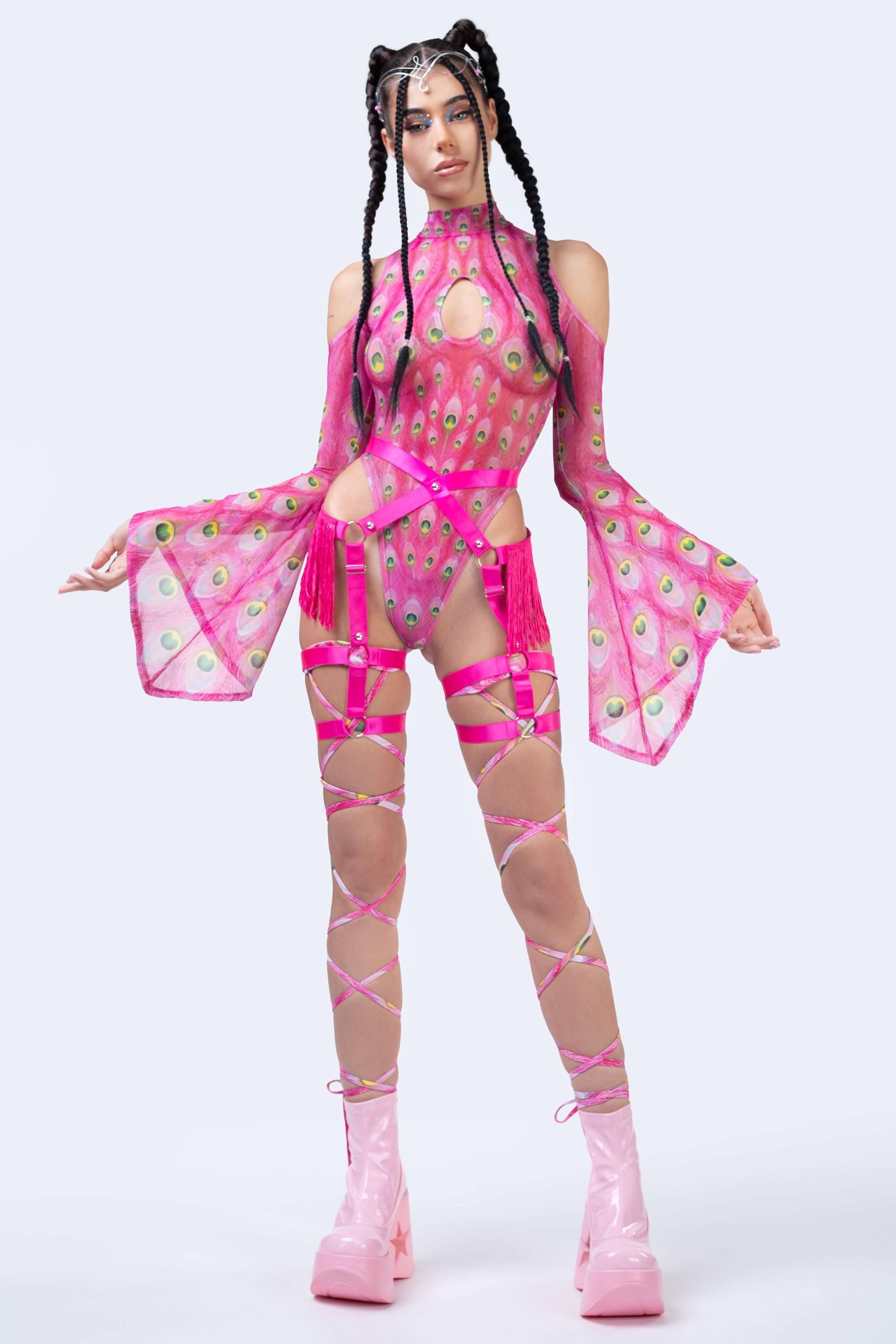 BADINKA Flock Off Pink Flared Sleeve Bodysuit Bare-back, keyhole, thong