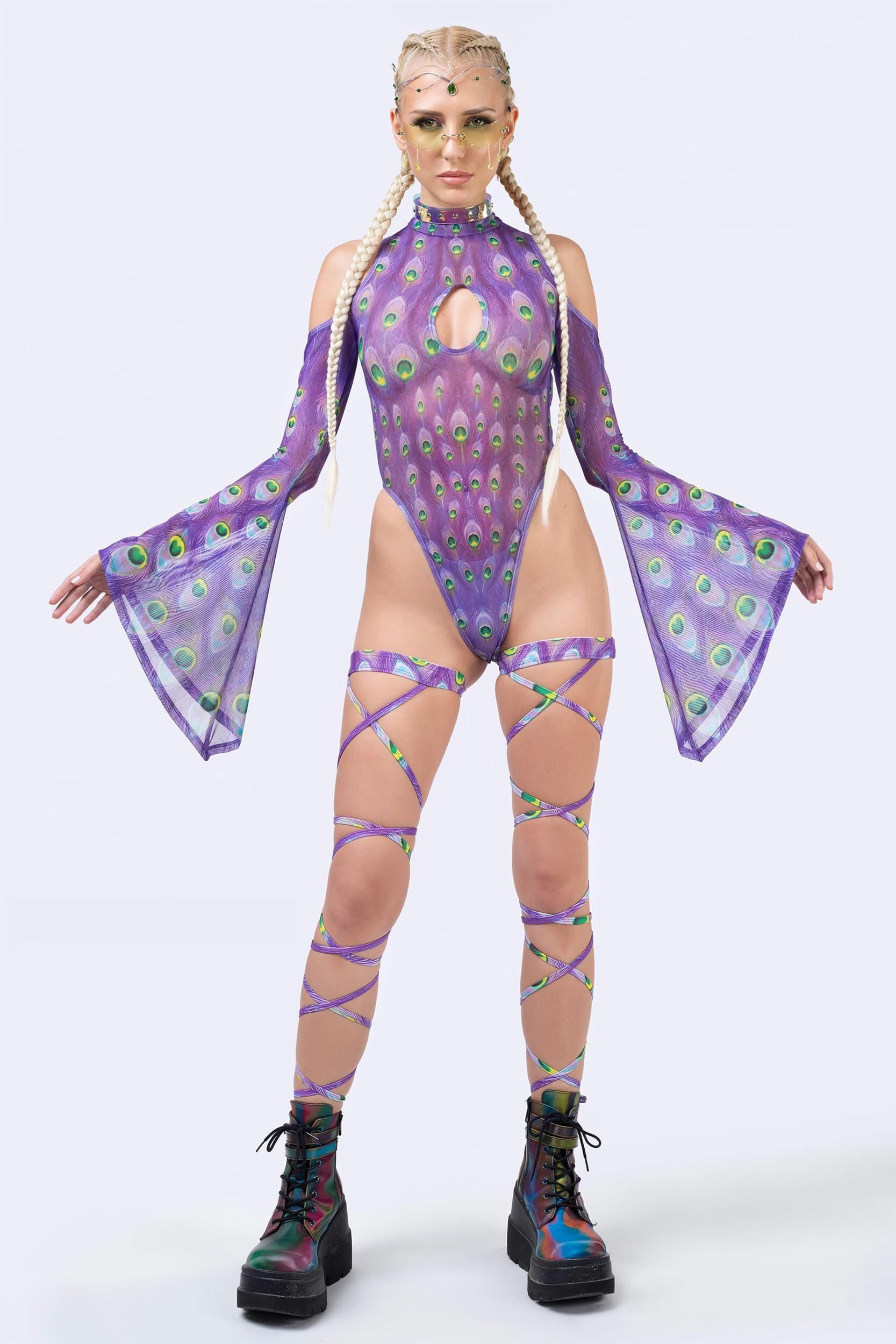 BADINKA Flock Off Purple Flared Sleeve Bodysuit Bare-back, keyhole, thong