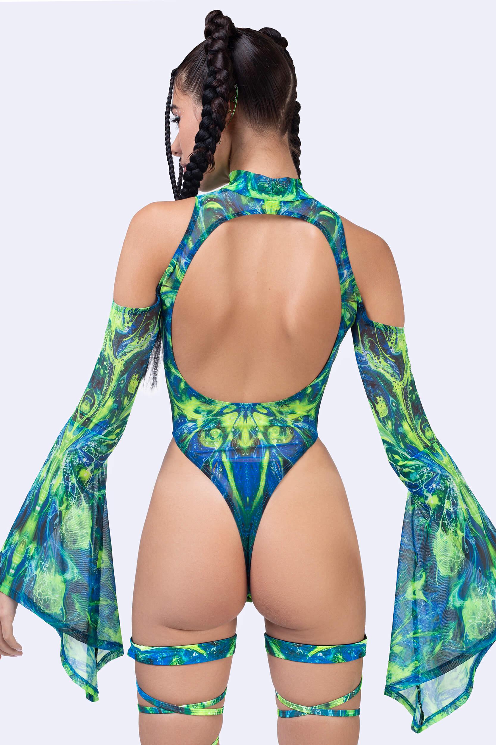 BADINKA Electric Eden Flared Sleeve Bodysuit Bare-back, flowy, keyhole, thong