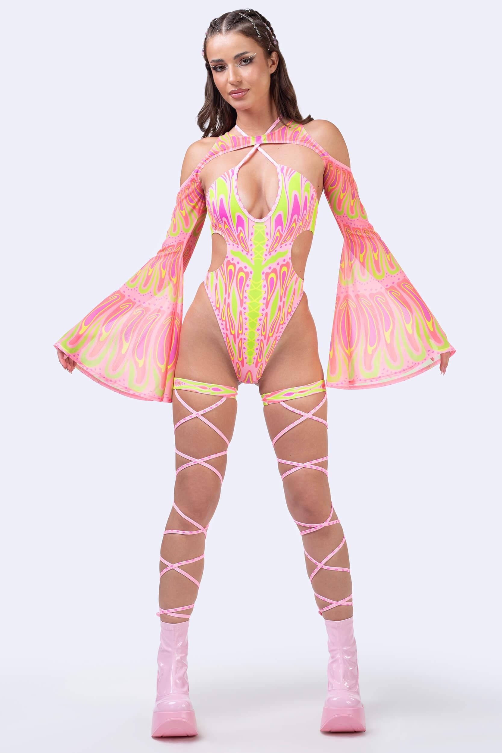 BADINKA Blush Moth Keyhole Halter Bodysuit Fairy, neon-uv