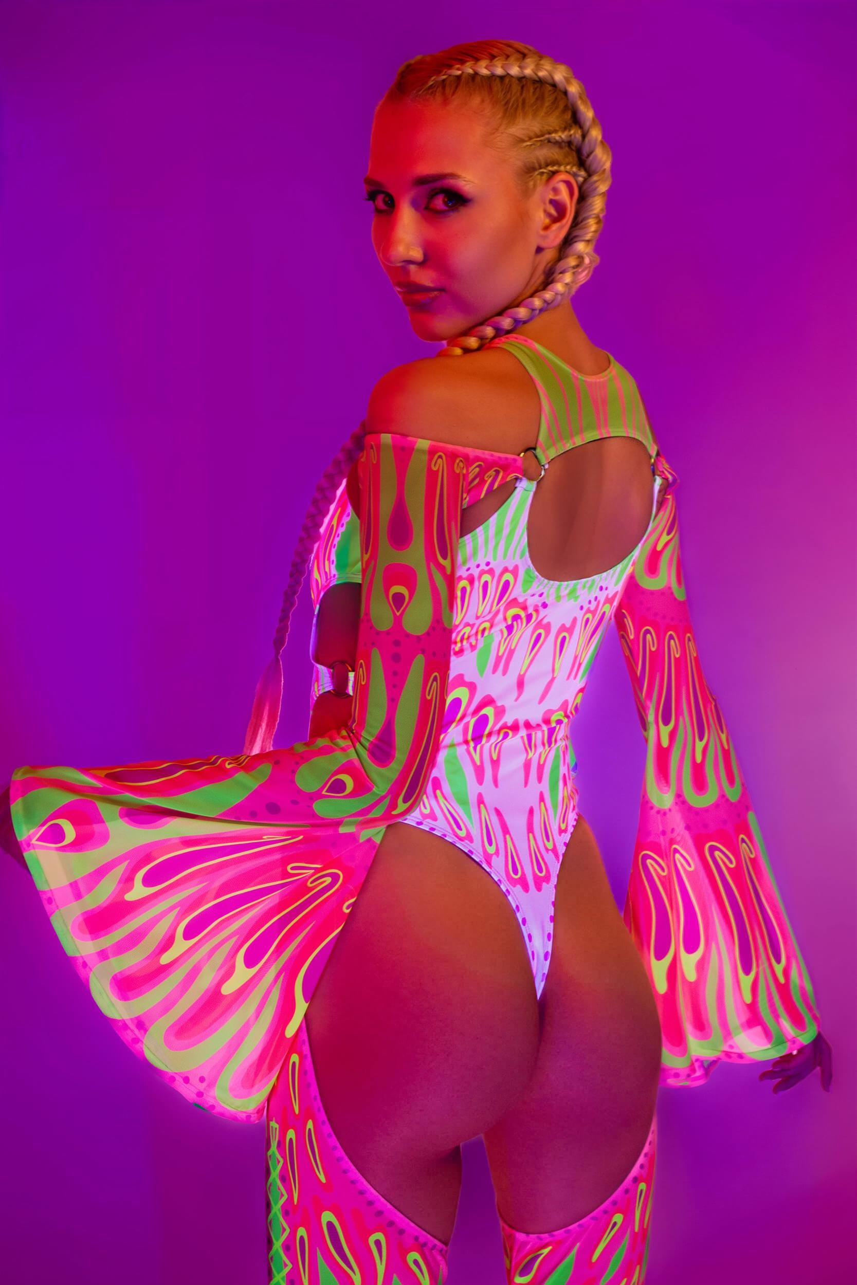 BADINKA Blush Moth Flared Chaps Catsuit Mesh, spandex