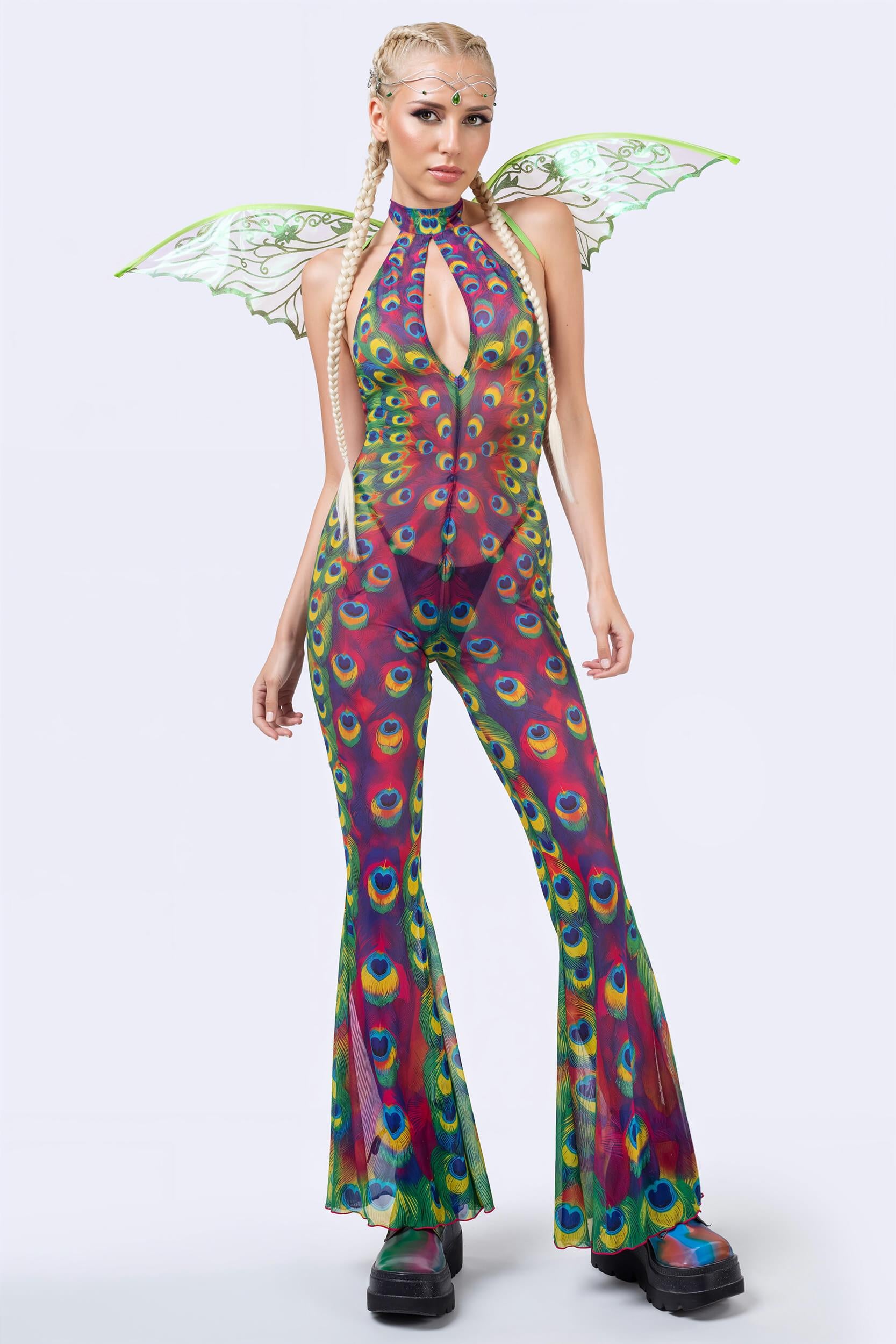 BADINKA Tailspin Mesh Halter Romper Bare-back, bell-bottoms, halter-neck, keyhole