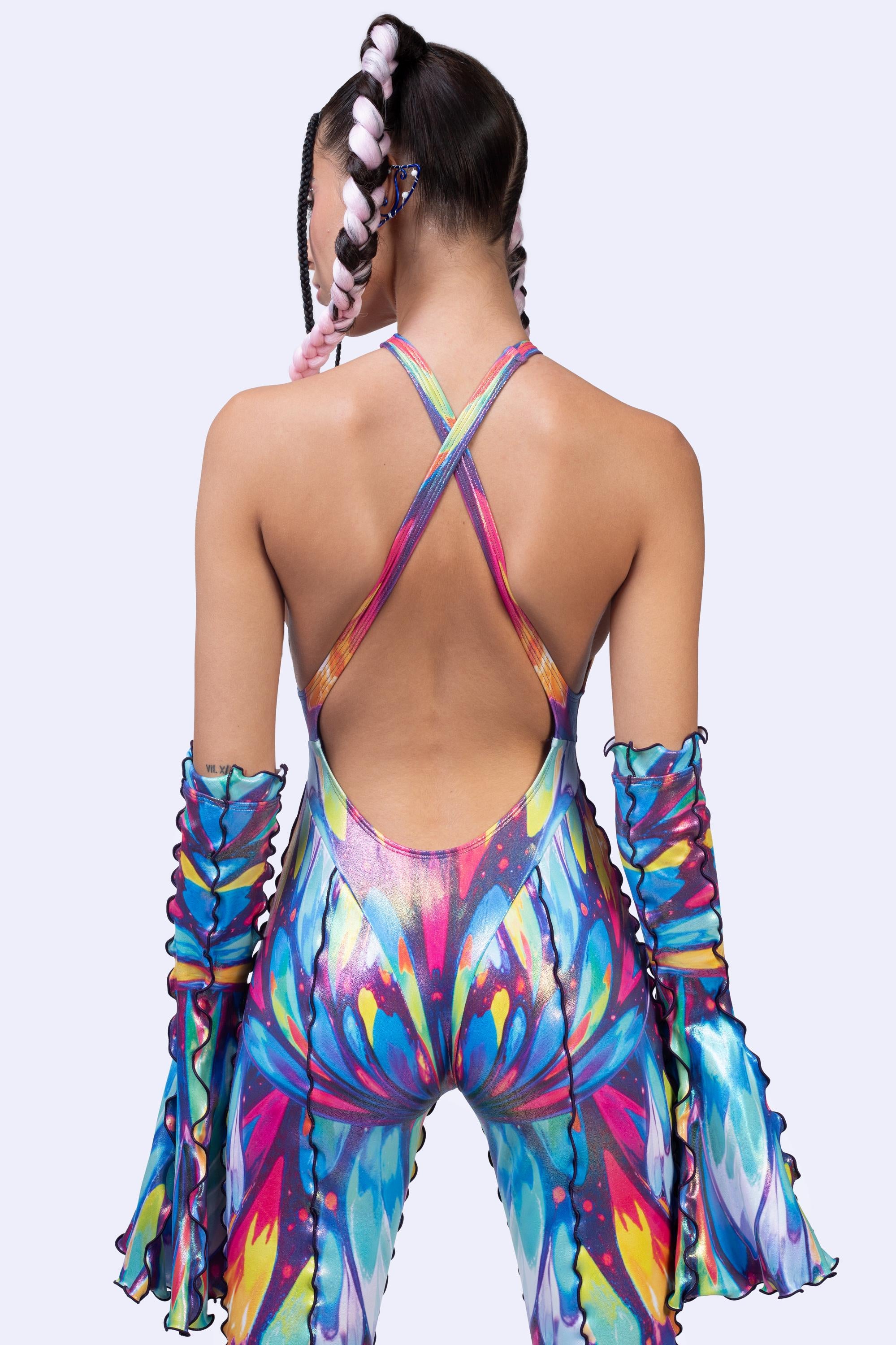 BADINKA Spin Theory Criss Cross Romper Bare-back, bell-bottoms, halter-neck