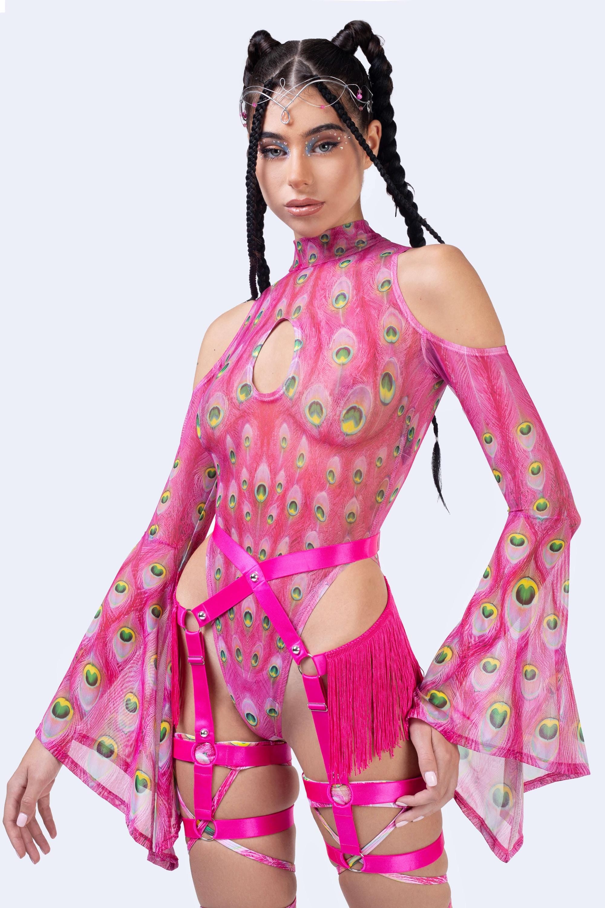 BADINKA Flock Off Pink Flared Sleeve Bodysuit Mesh