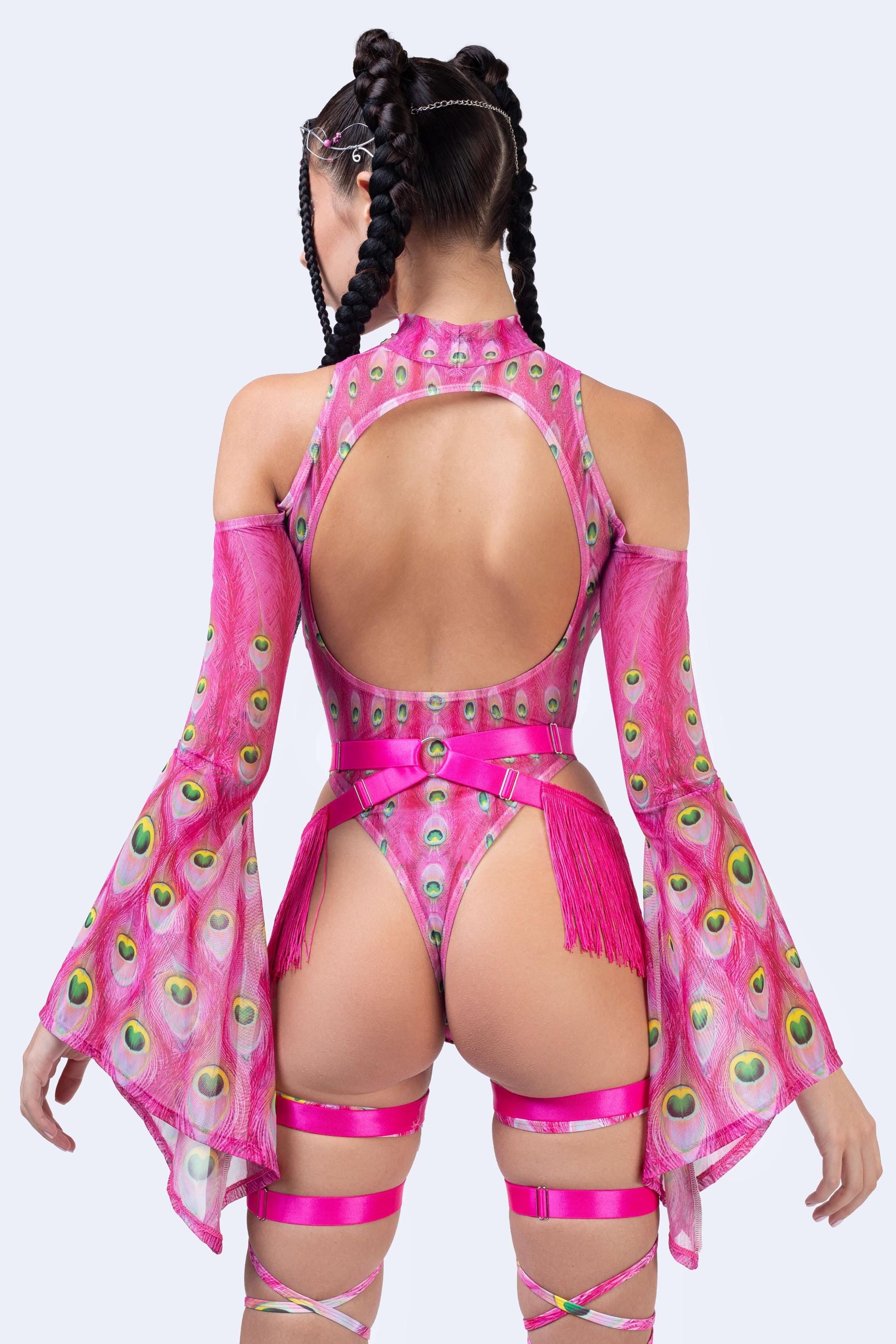 BADINKA Women Flock Off Pink Flared Sleeve Bodysuit