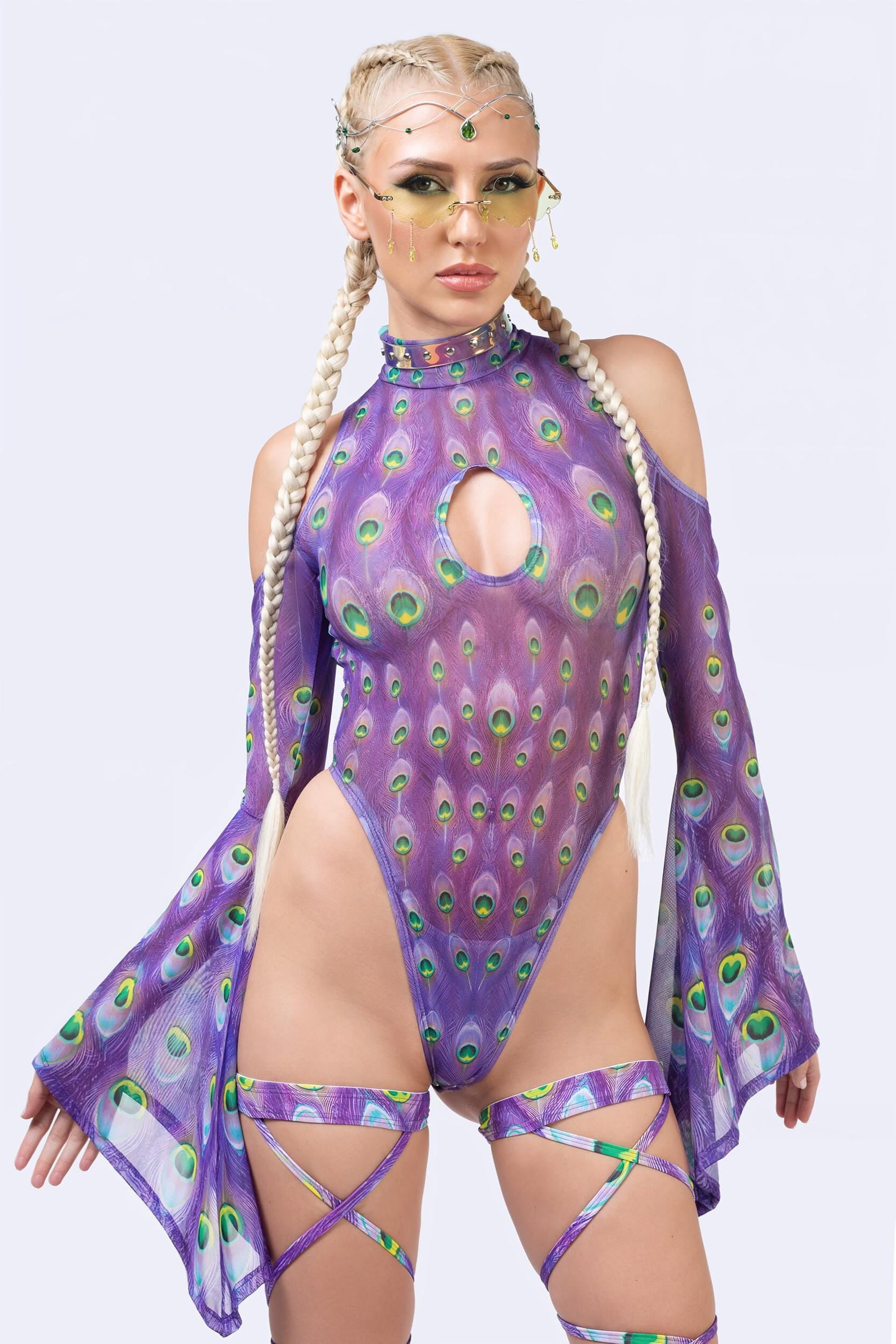 BADINKA Flock Off Purple Flared Sleeve Bodysuit Mesh