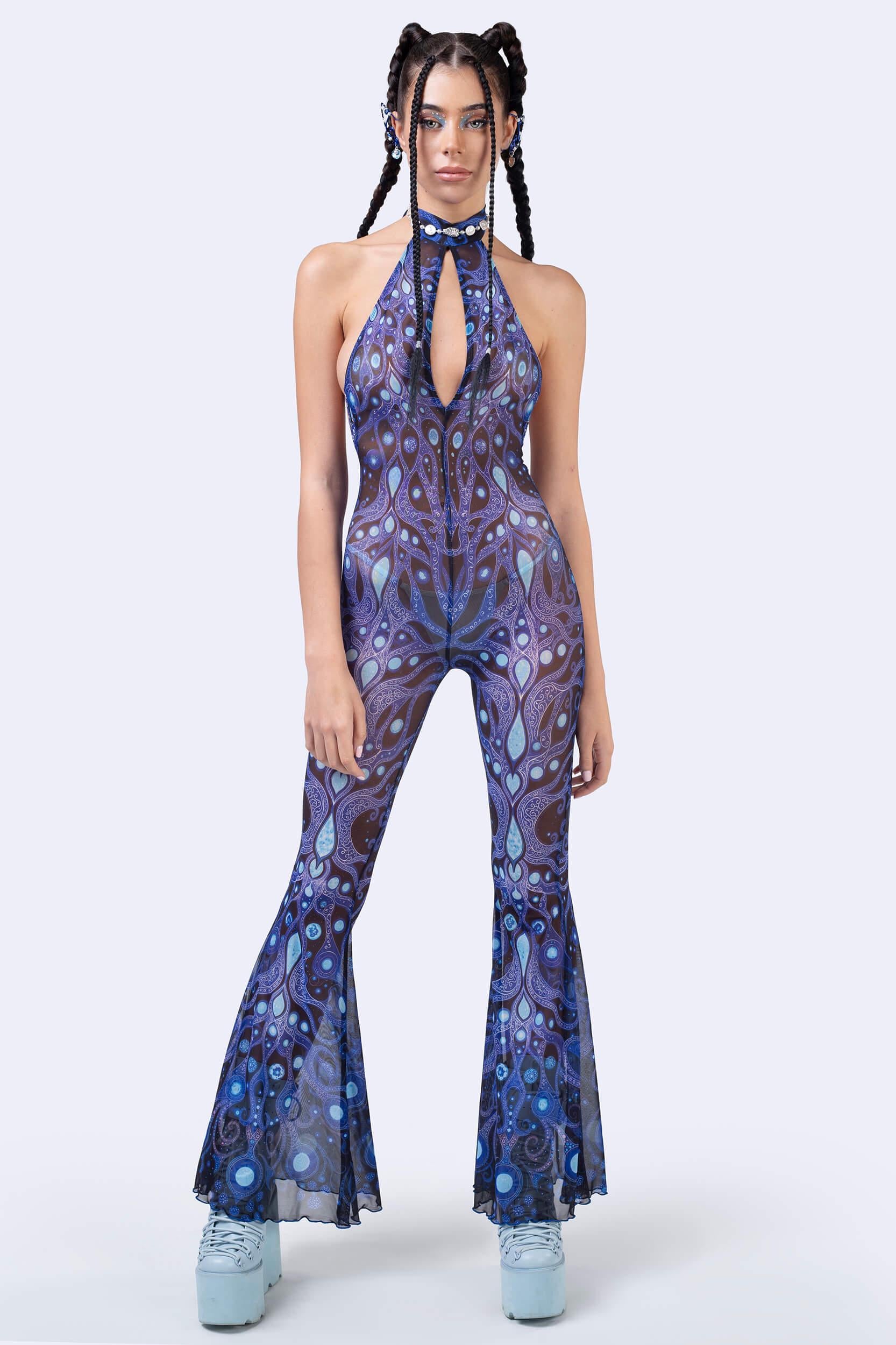 BADINKA Deco Fever Mesh Halter Romper Bare-back, bell-bottoms, halter-neck, keyhole