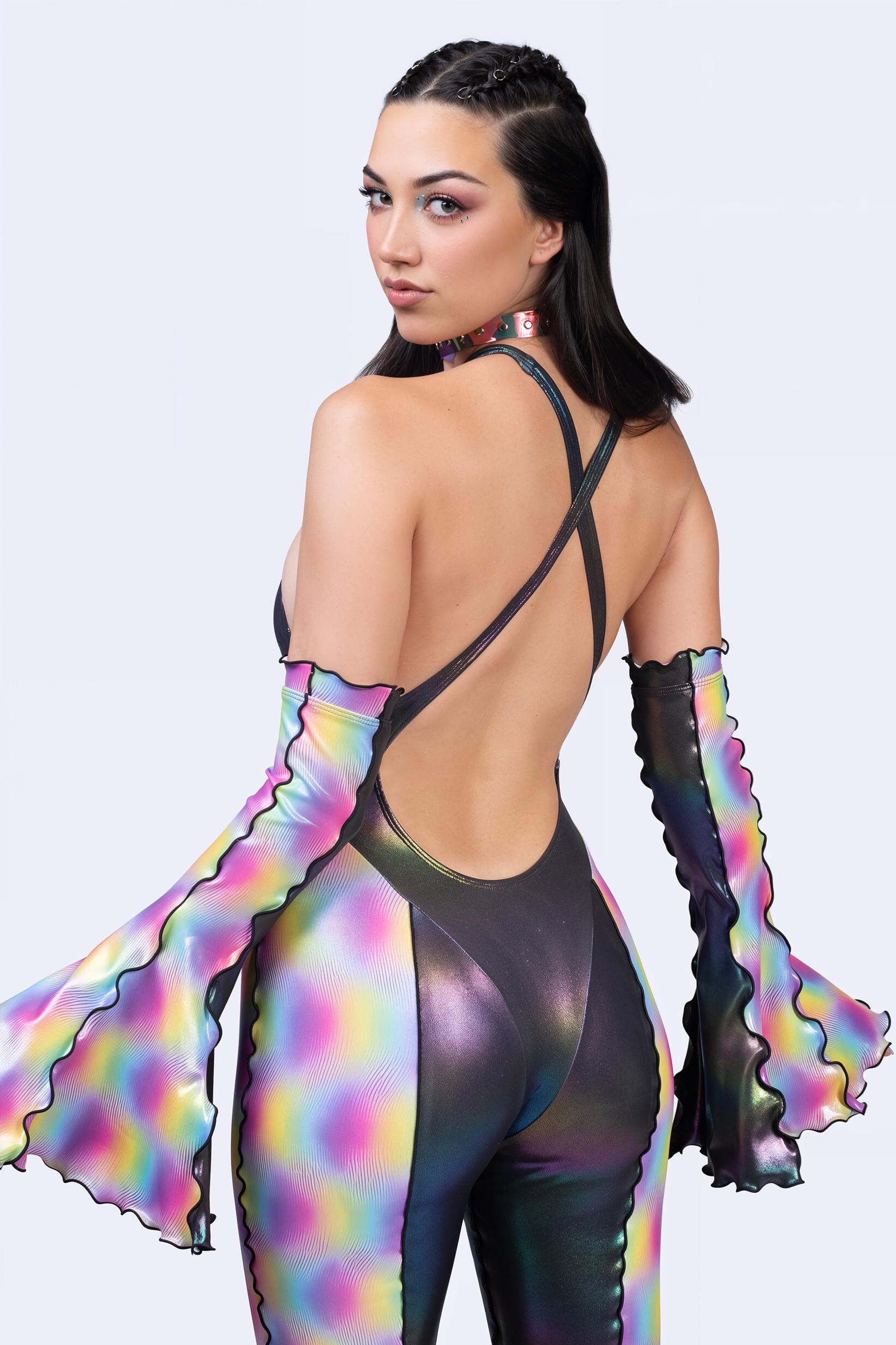 BADINKA Dimensional Slip Criss Cross Romper Bare-back, bell-bottoms, halter-neck