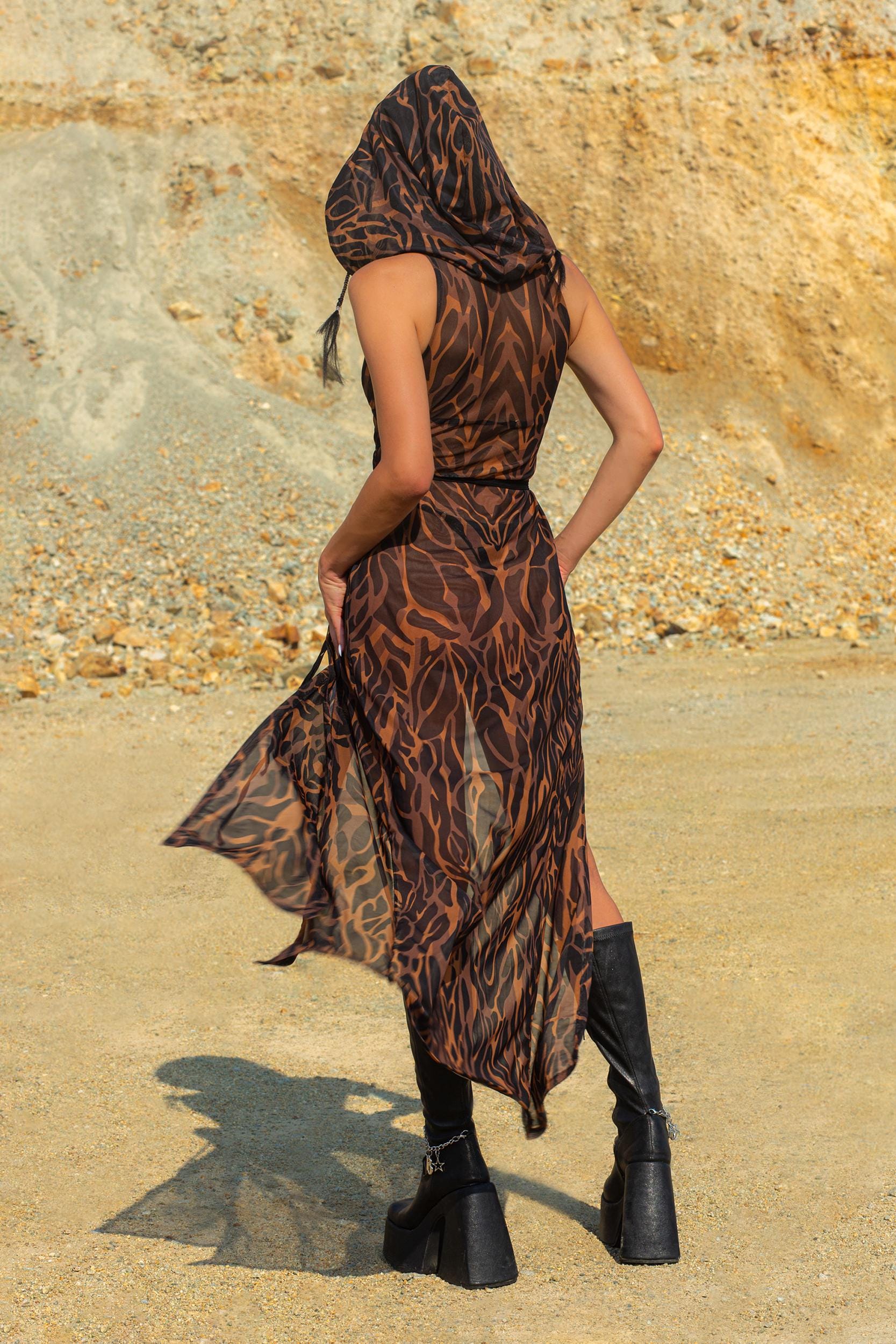 Women's Brown Jungle Mesh Dress with See Through Detail