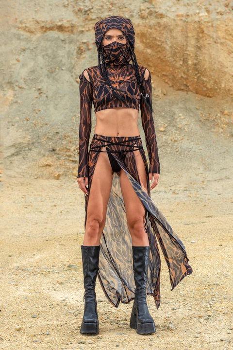 Animalistic Mesh Hooded Top and Slit Skirt Set
