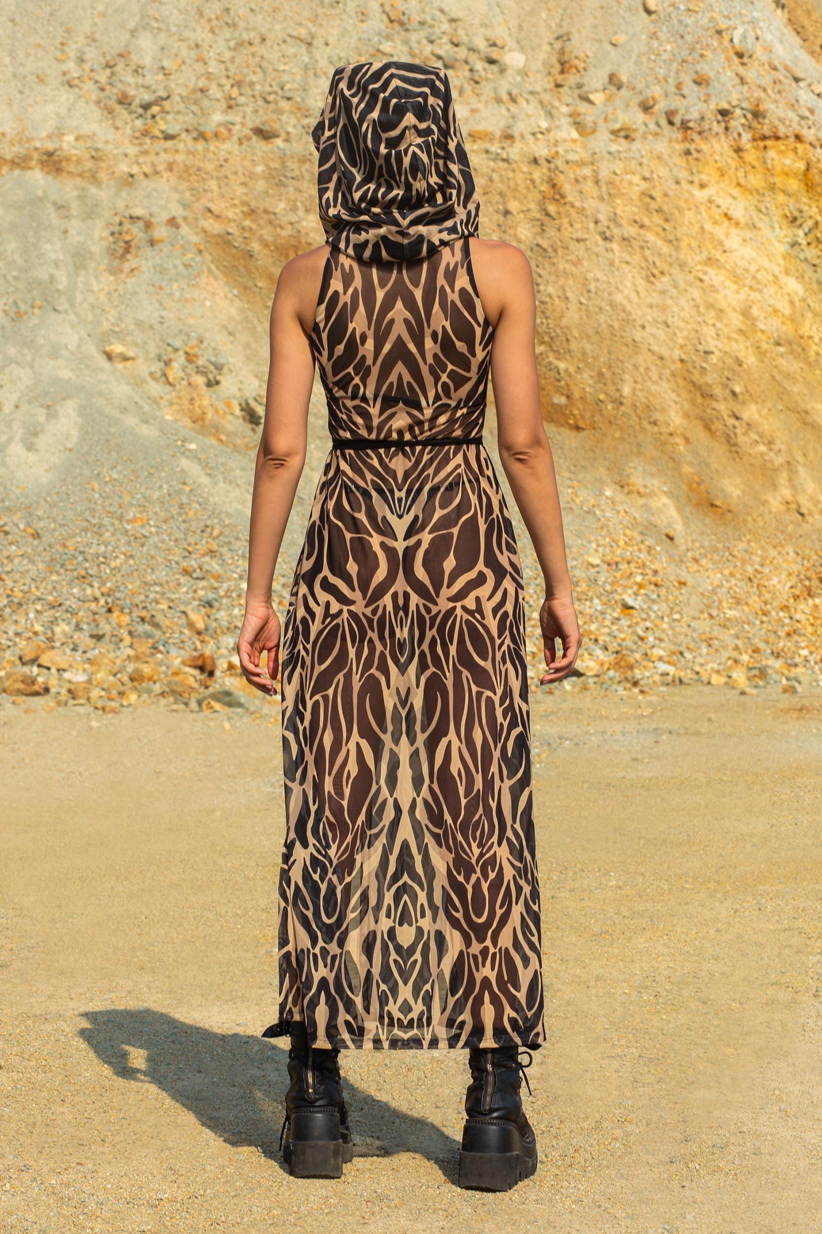 BADINKA Animalistic Nude Hooded Dress Mesh