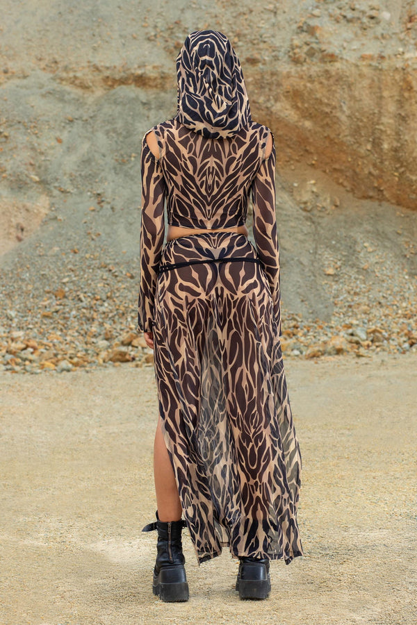 Animalistic Nude Mesh Hooded Top and Slit Skirt Set