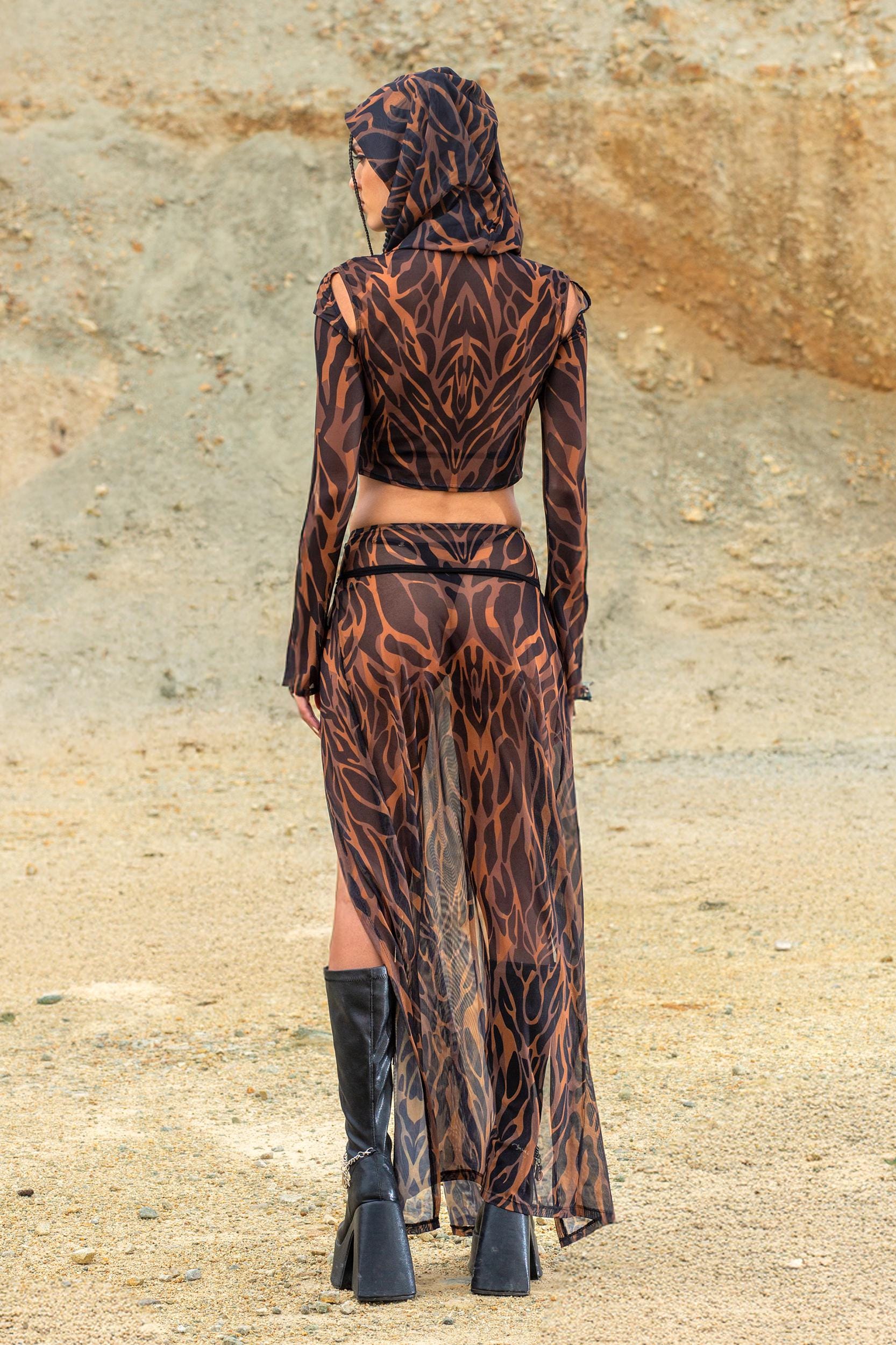 BADINKA Animalistic Mesh Hooded Top and Slit Skirt Set Brown