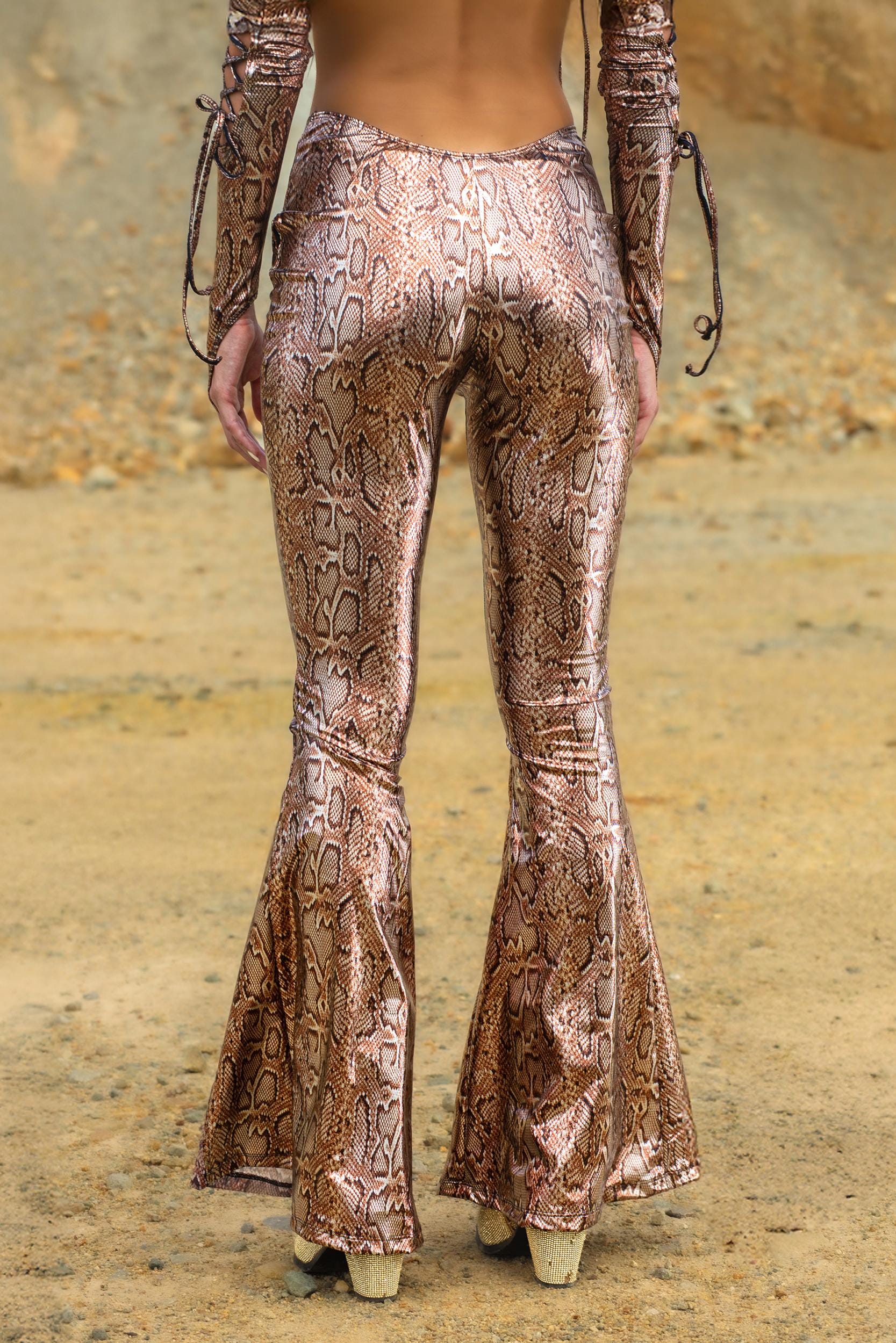 BADINKA Slave 4 U Lace Up One Shoulder Top and Pants Set Asymmetric, bell-bottoms