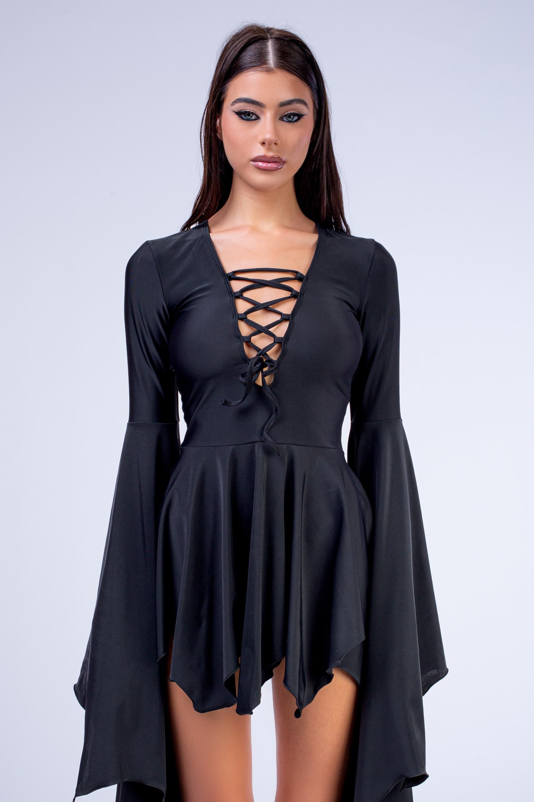 black mini dress halloween Witchy Bat Wing with Lace Up Front Detail FULL-SKIRT Halter Maxi Floral Jersey Size:6-8