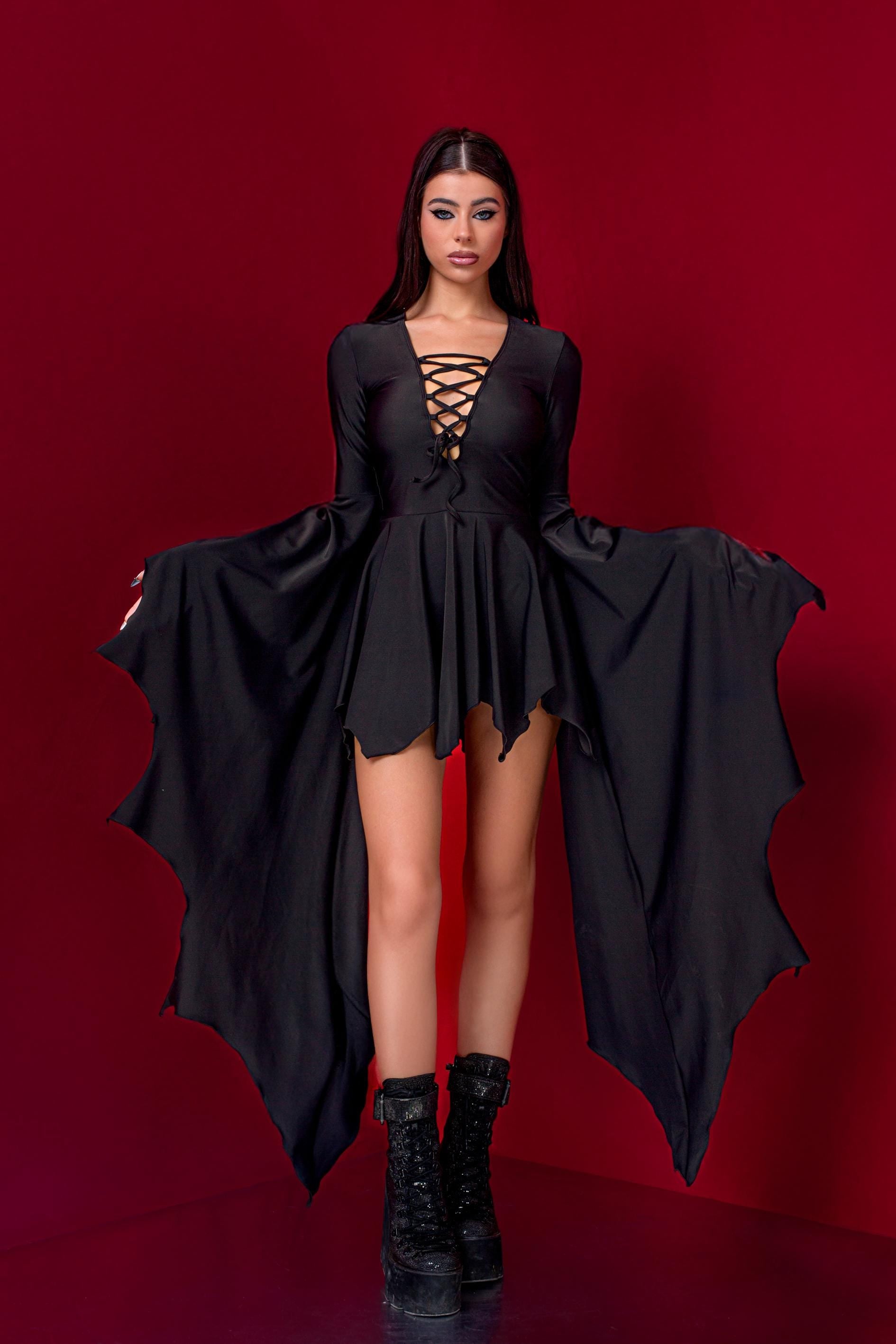 bat wing dress women Women's Halloween - Badinka Witch Phase Mini Dress - Black Spandex LowStock:43544770969651 Strapless Cutout Prom Dress Slightly Stretch Color:Natural White (Pictured)