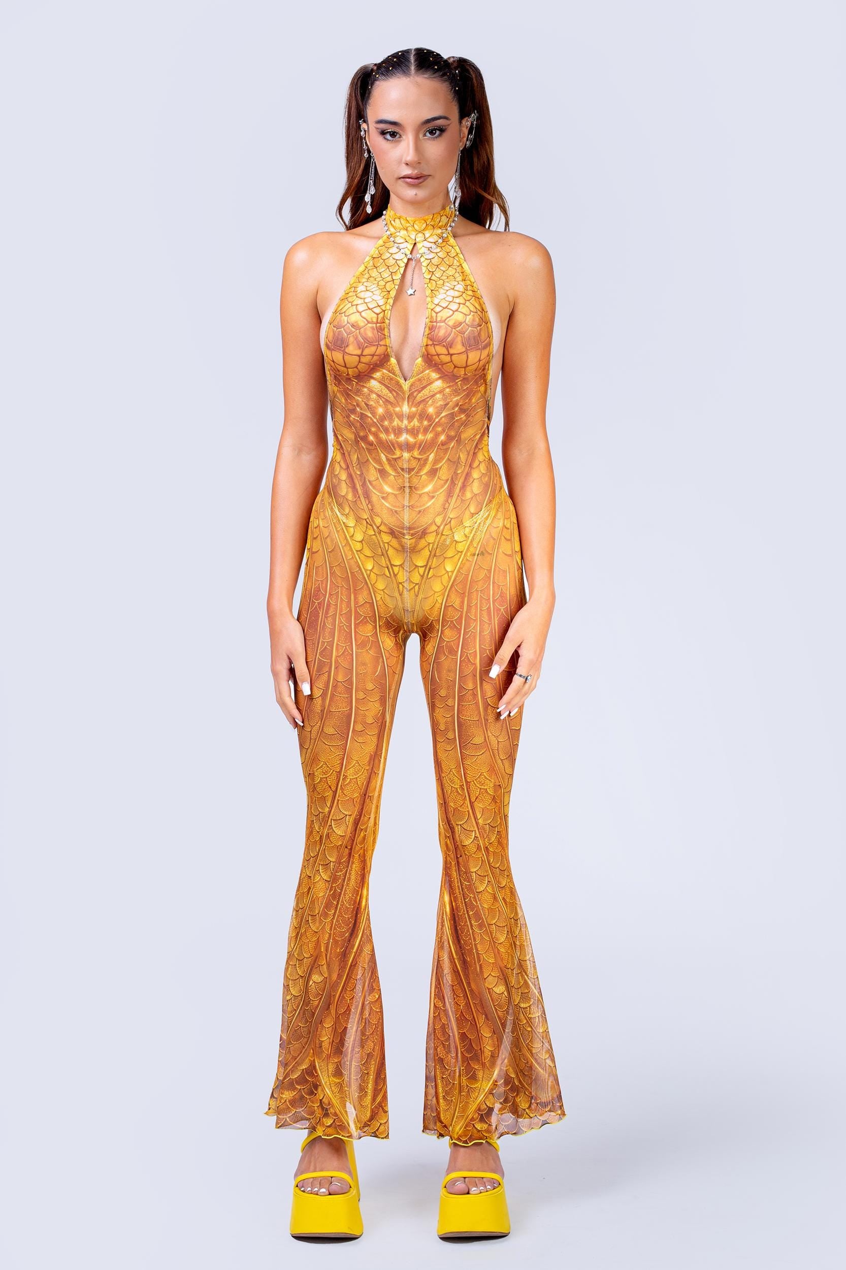 BADINKA Gold Tide Mesh Halter Romper Halloween, rave