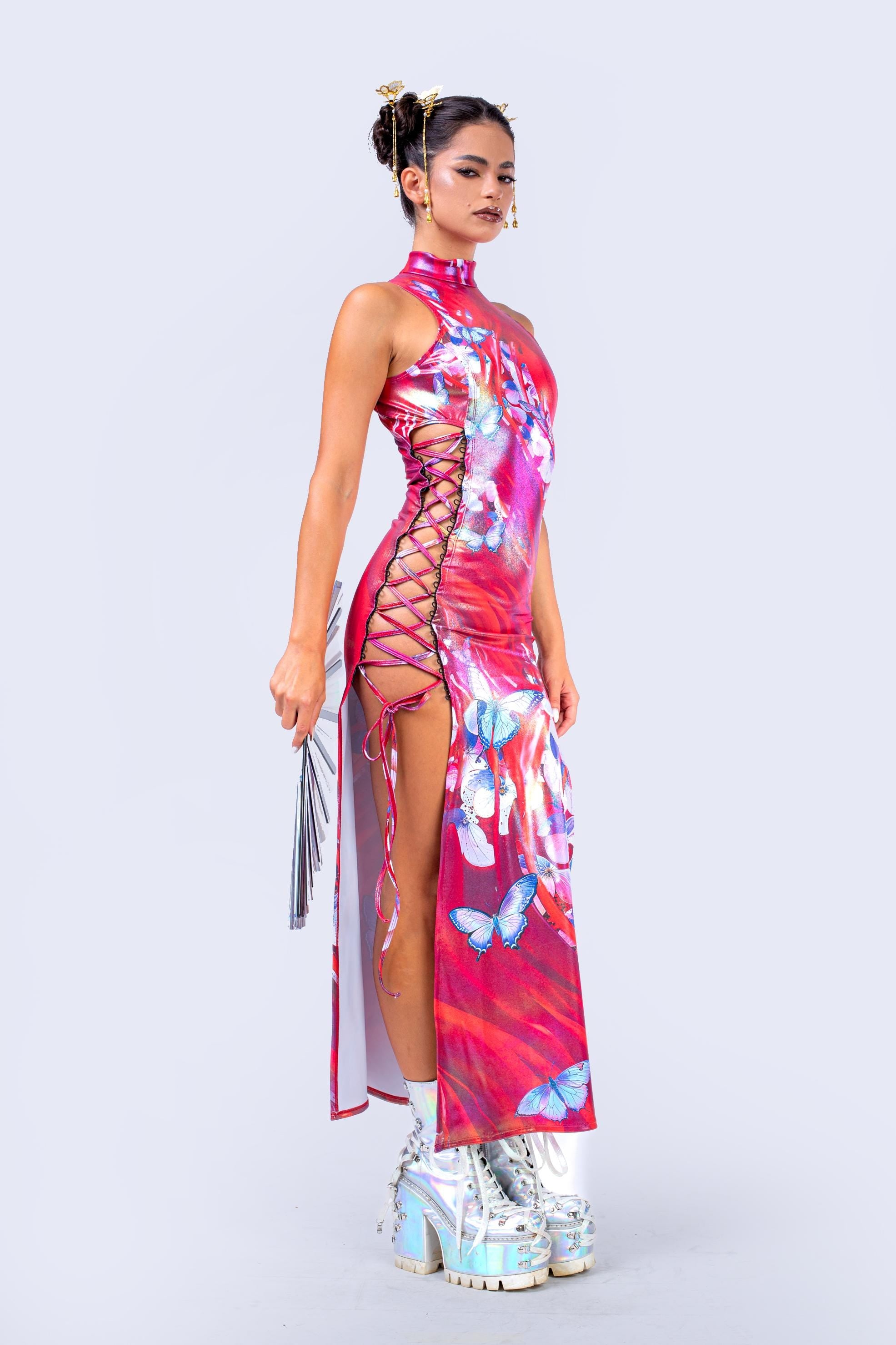 Women's Rave Festival Dress - Badinka Cut The Cameras Criss-Cross Slit Dress - Shiny Red Fabric