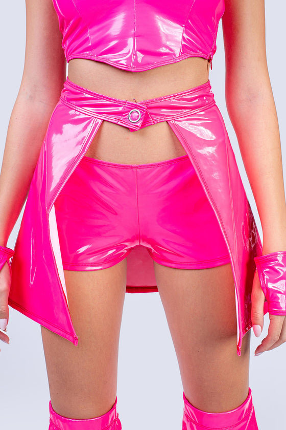 Girl On Top Pink Vynil Micro Shorts And Overlay