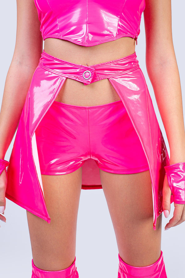 Girl On Top Pink Vynil Micro Shorts And Overlay