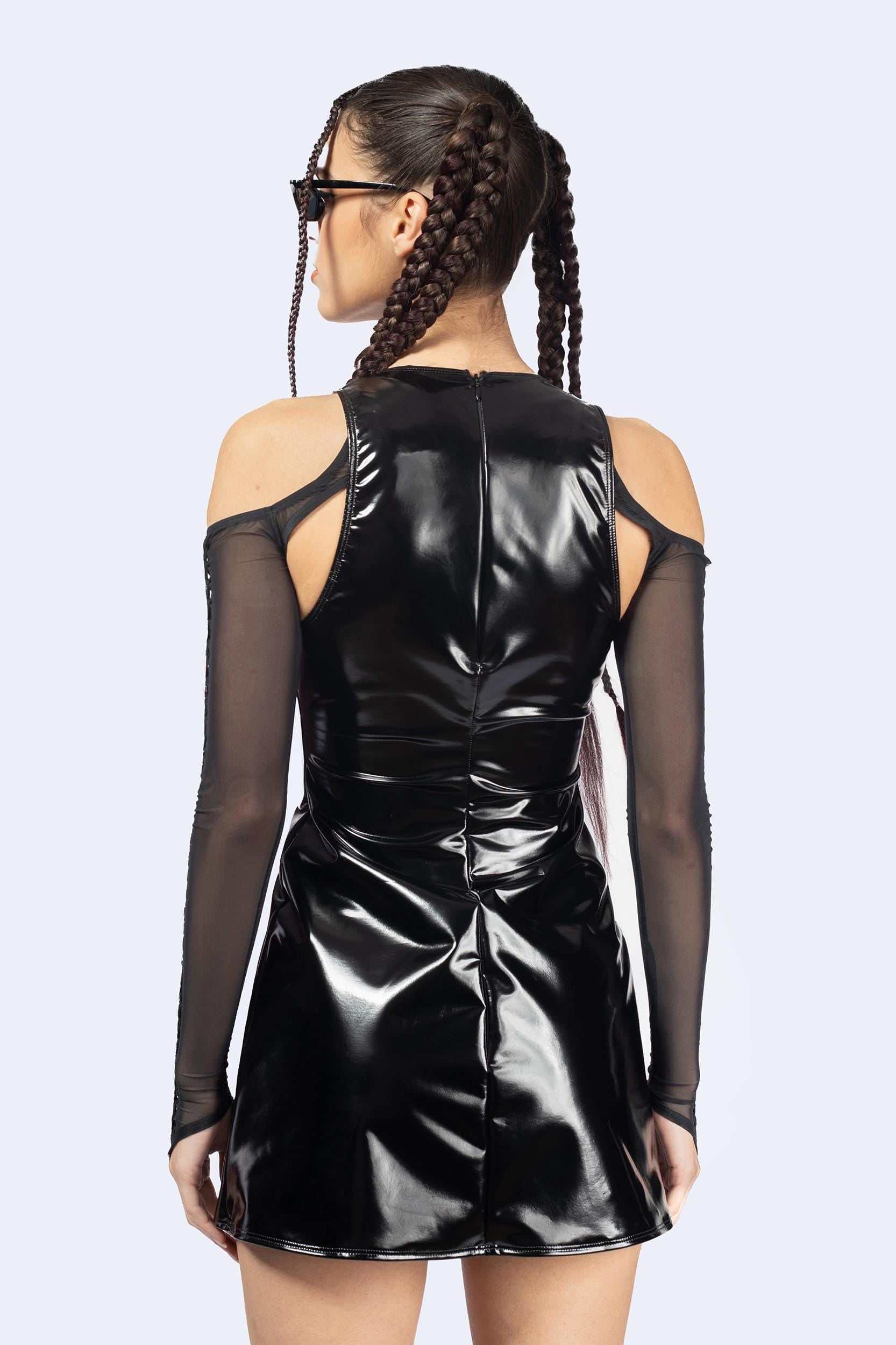 dress shrug black Women's Rave Festival - Badinka Inertia Mini Dress And Handwoven Mesh - Vinyl Black Crane – Cedar Style it over our silhouette:maxi dresses Color:Dew Drop