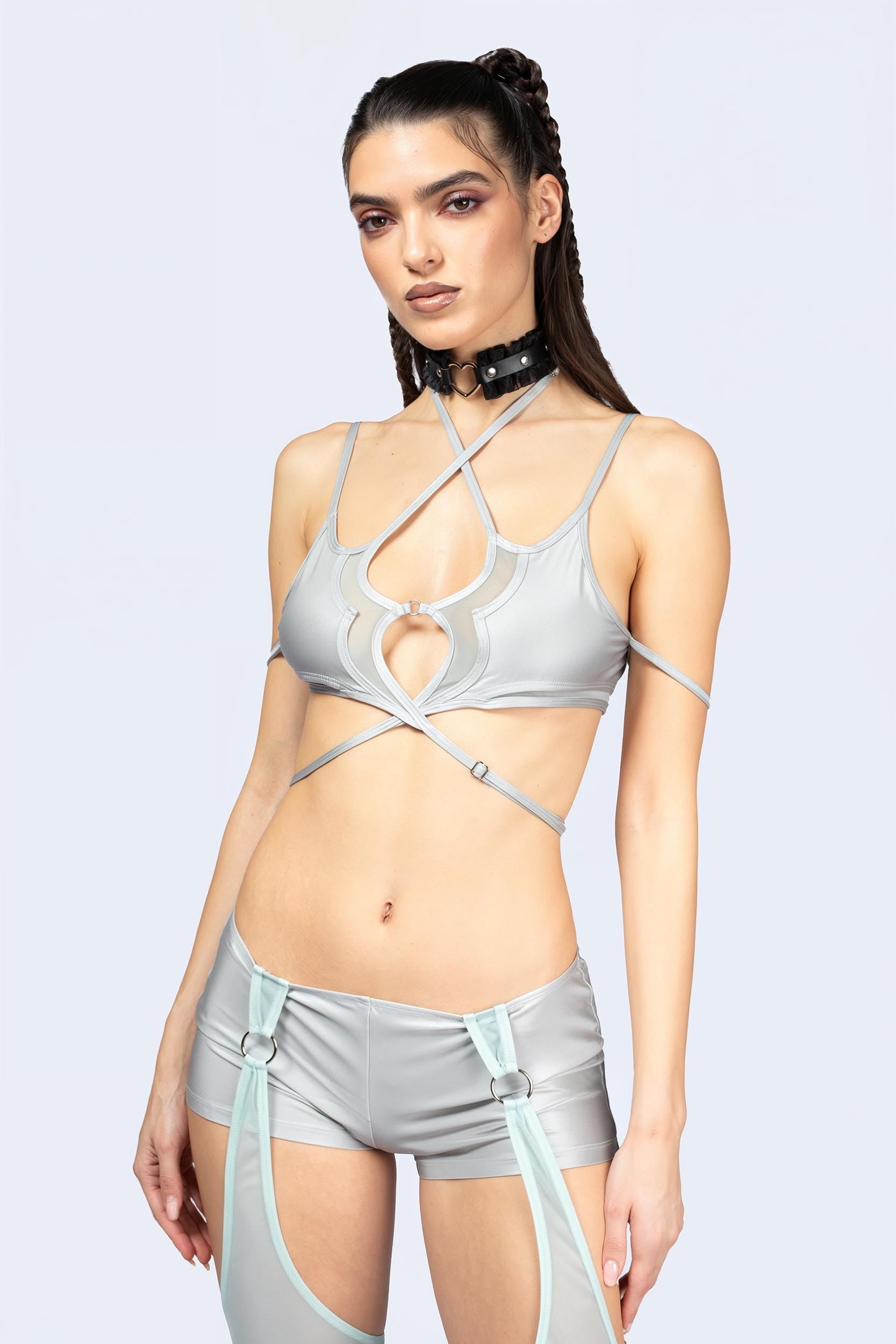 BADINKA Entwined In Grey Multi-Strap Top Mesh, spandex