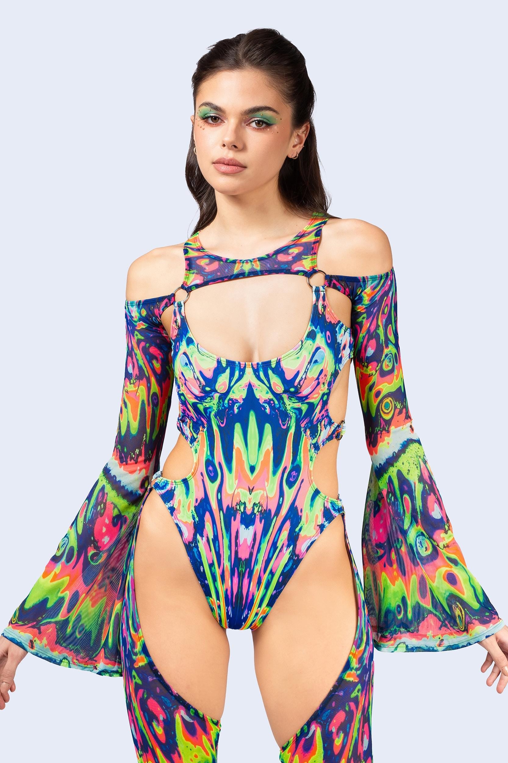 BADINKA Wavy Gravy Flared Chaps Catsuit Rainbow