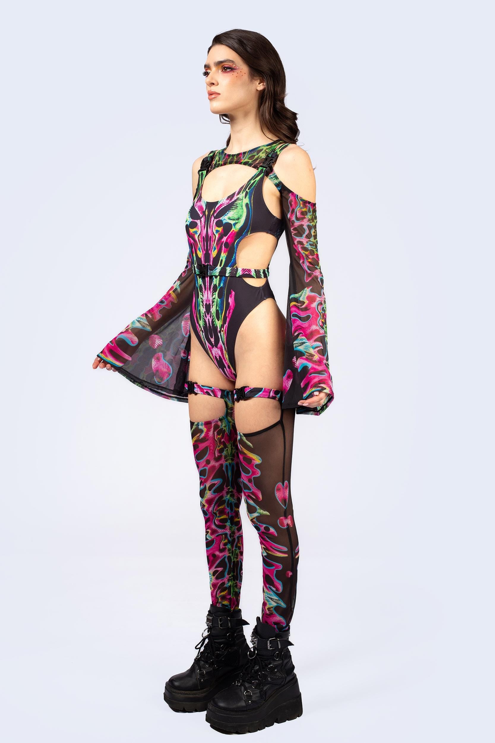 BADINKA Tearing Me Apart Buckle Cutout Bodysuit Mesh, spandex