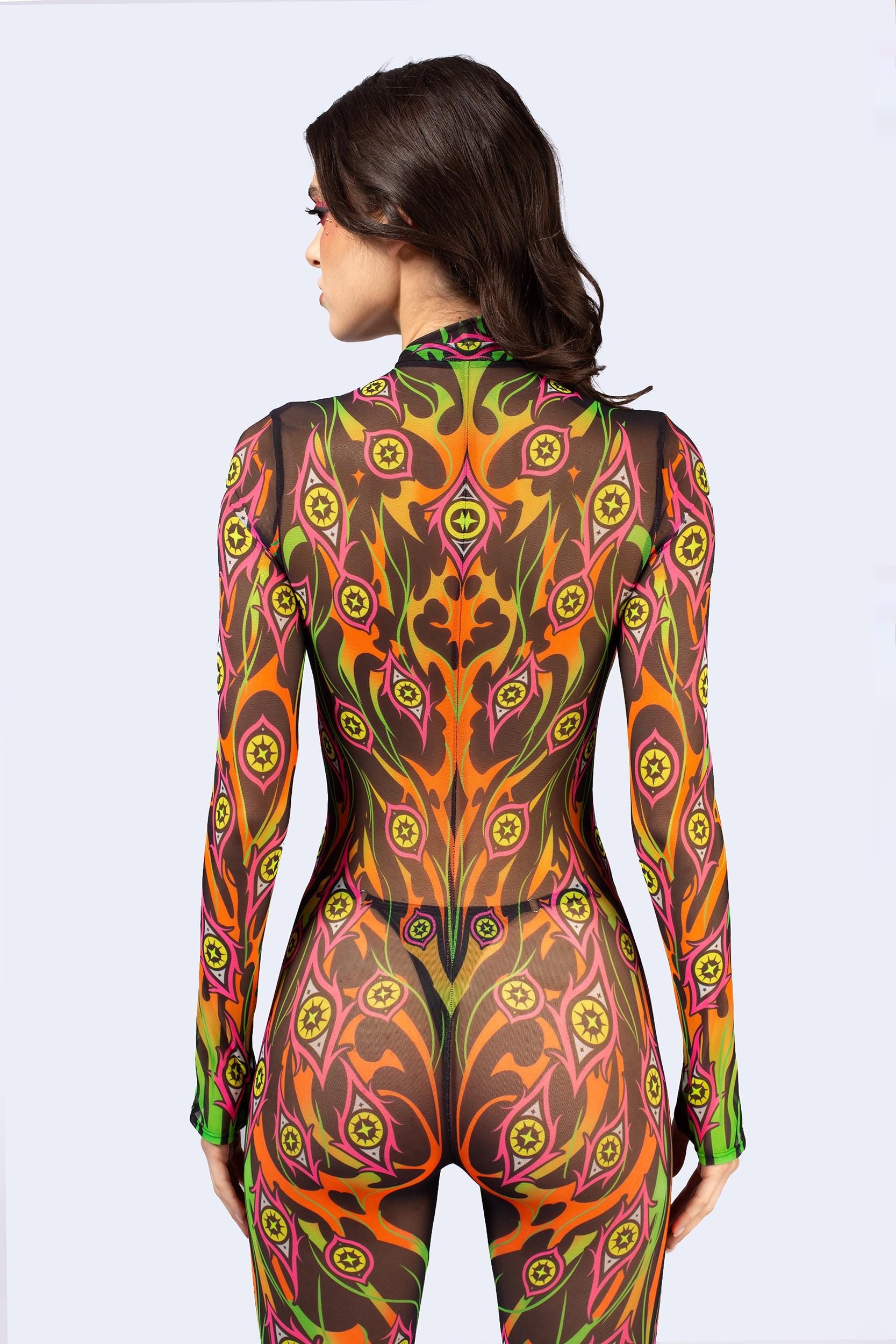 Costume Exploding Wave Red Orange Psychedelic Rave Costume with See Through Detail - BADINKA