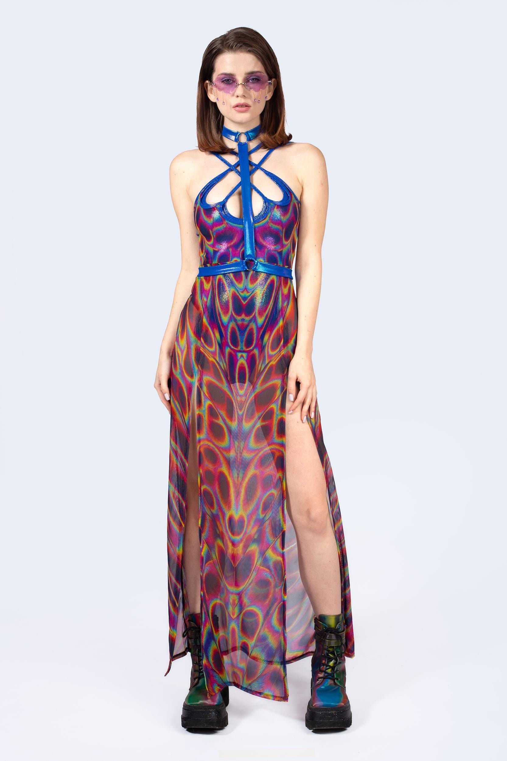 Women's Blue Psychedelic Rave Dress with Base Undersuit
