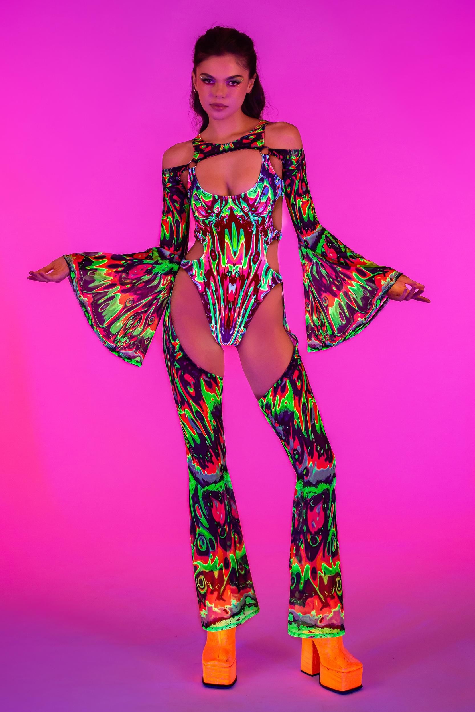 BADINKA Wavy Gravy Flared Chaps Catsuit Mesh, neon, spandex