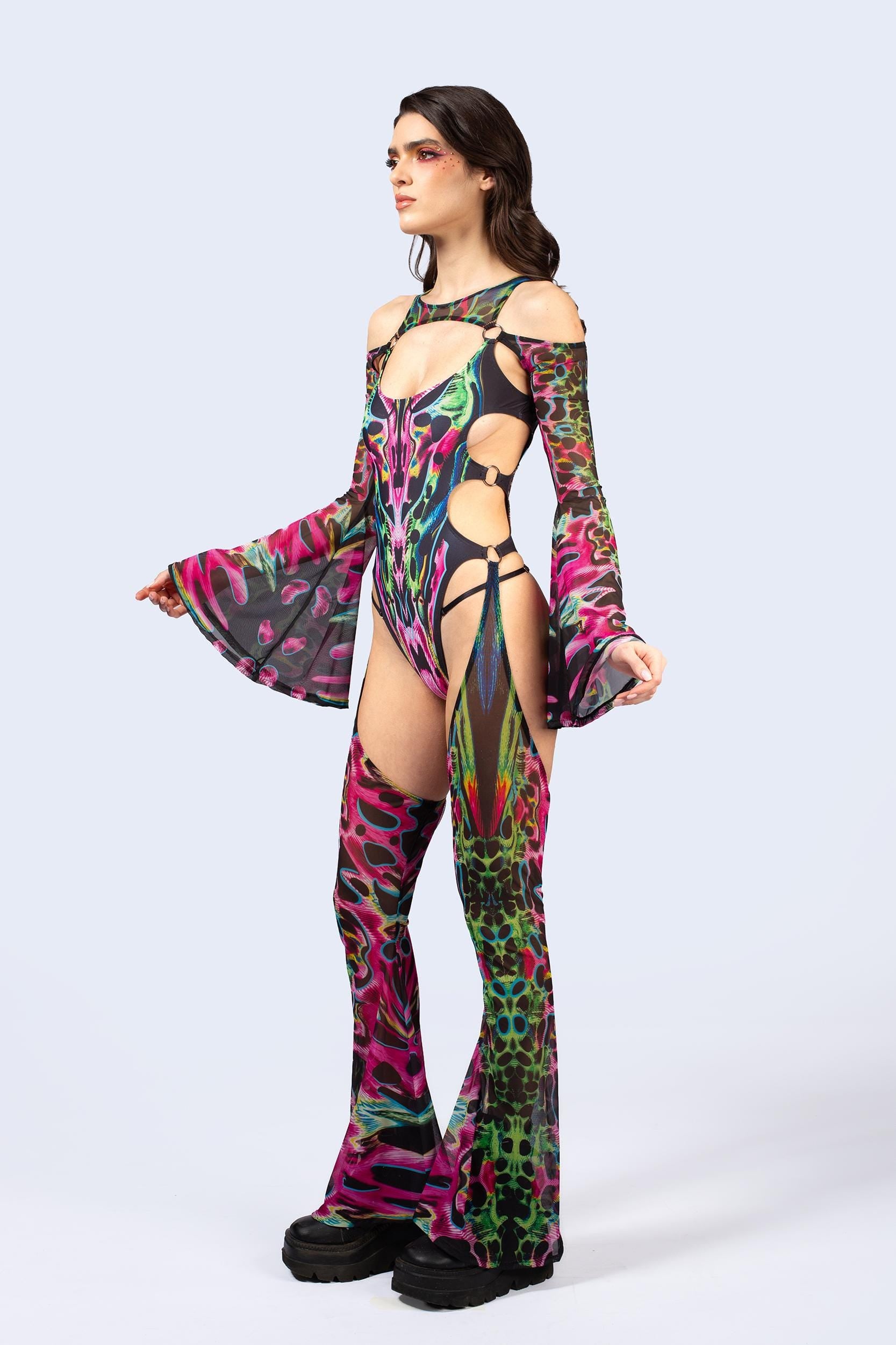 BADINKA Tearing Me Apart Flared Chaps Catsuit Mesh, spandex