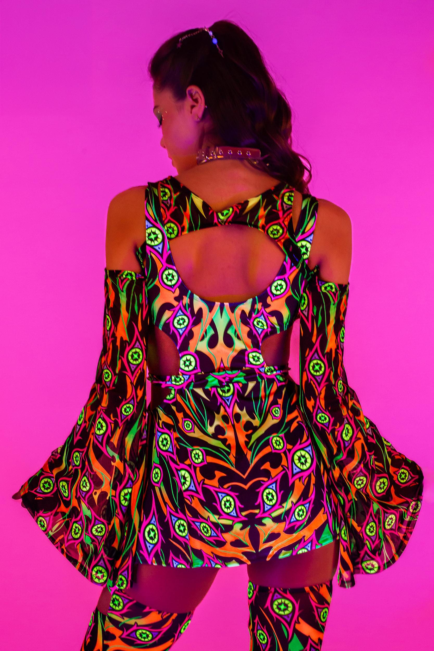 Women's UV Reactive Rave Festival Dress - Badinka Burning On Buckle Cutout Dress - Orange Mesh Spandex