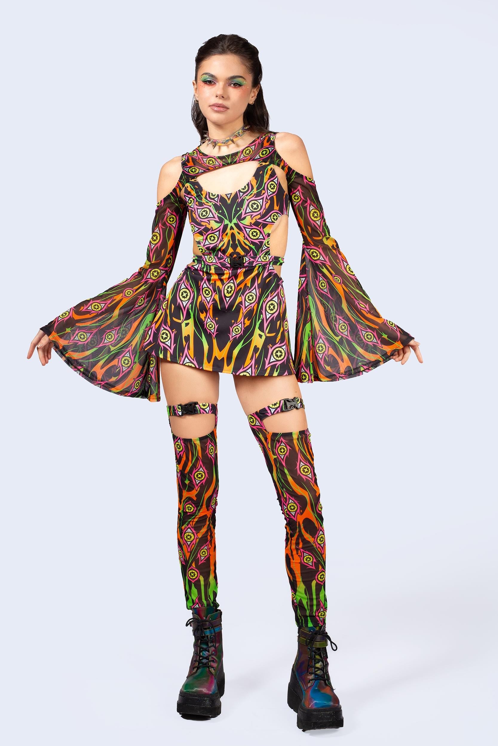 Women's UV Reactive Rave Festival Dress - Badinka Burning On Buckle Cutout Dress - Orange Mesh Spandex