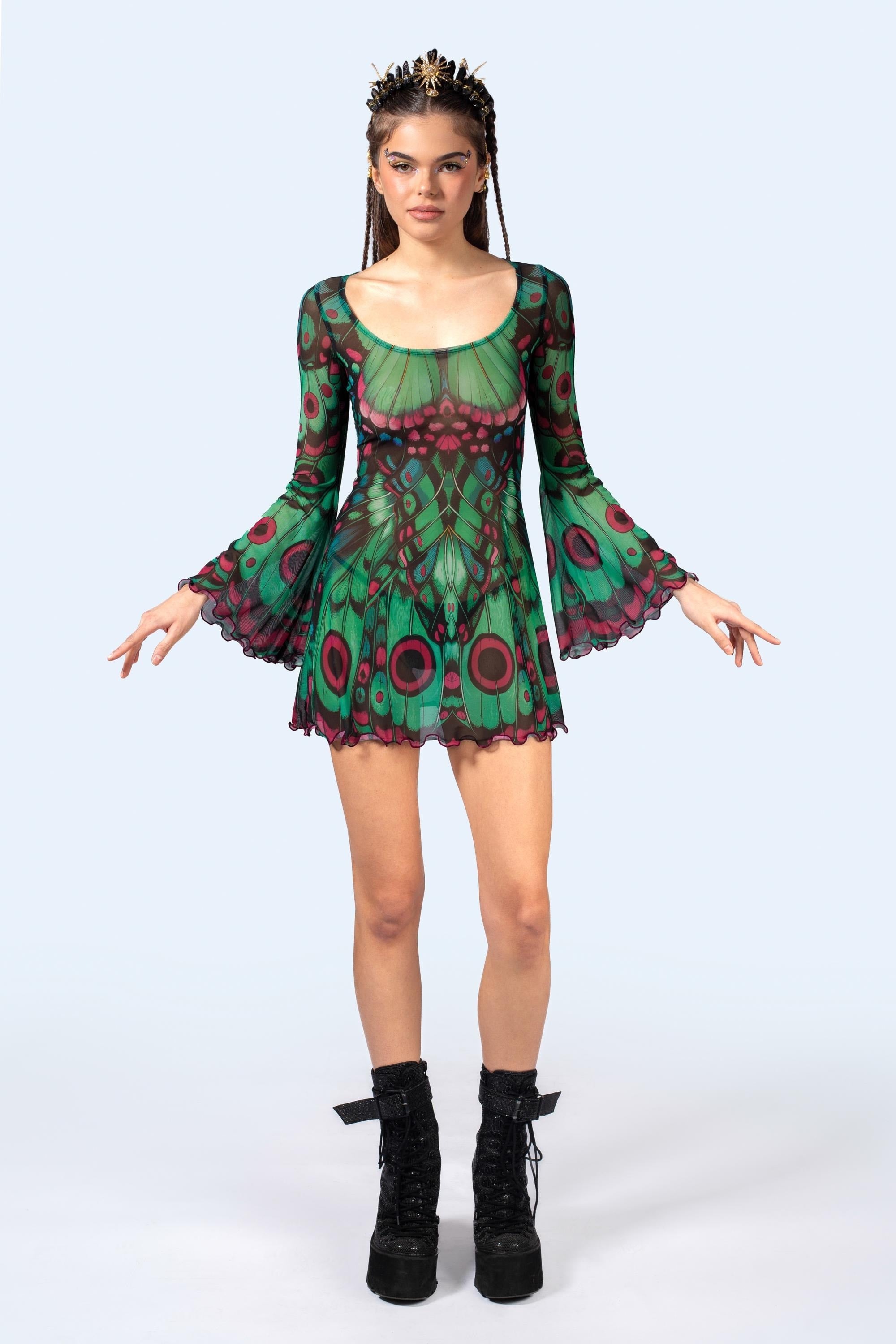 Women's Rave Festival Dress - Badinka Lucky Moth Mesh Mini Dress - Green Mesh