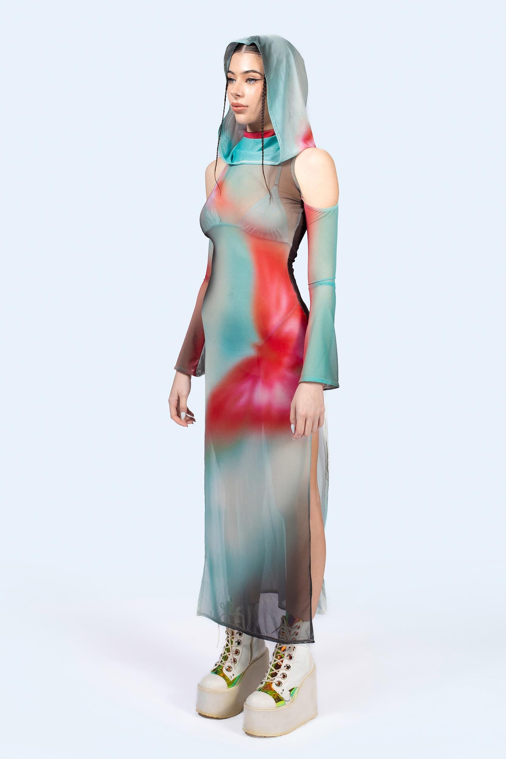 BADINKA Out Of Body Hooded Long Sleeve Dress Mesh, see-through