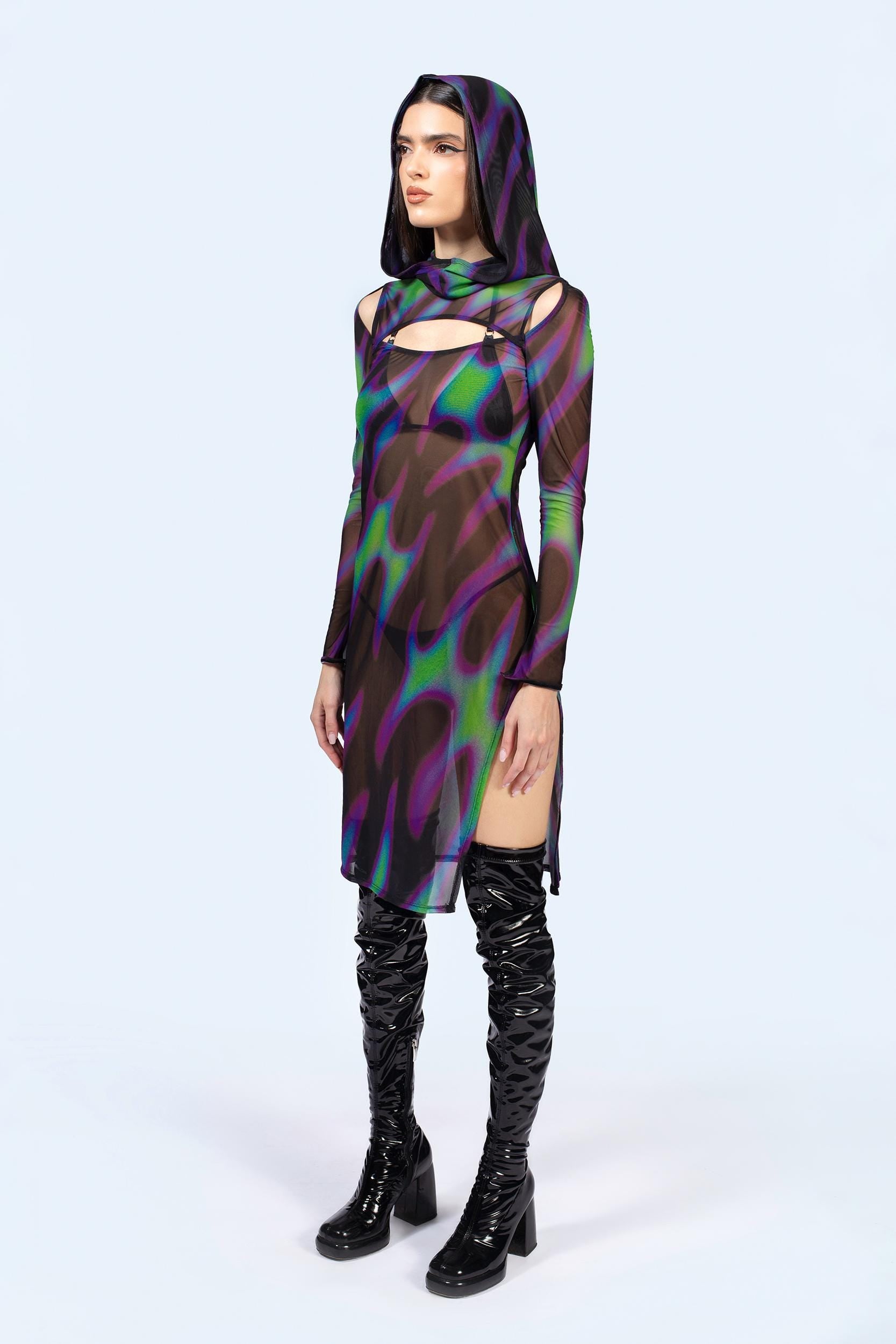 BADINKA Tear In Space Mesh Hooded Dress Mesh, see-through