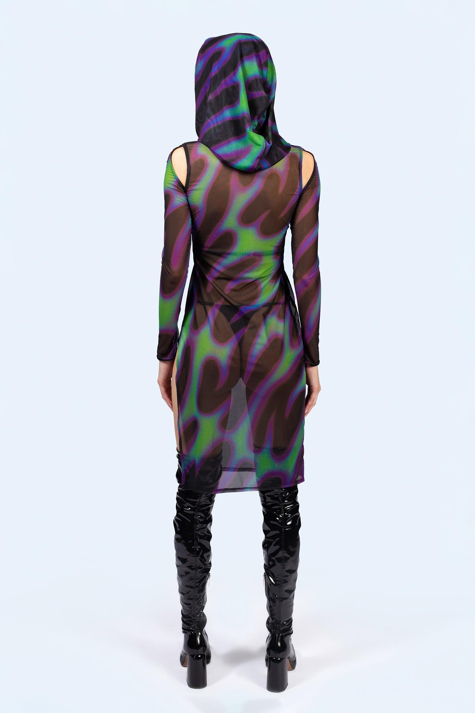 BADINKA Women Tear In Space Mesh Hooded Dress