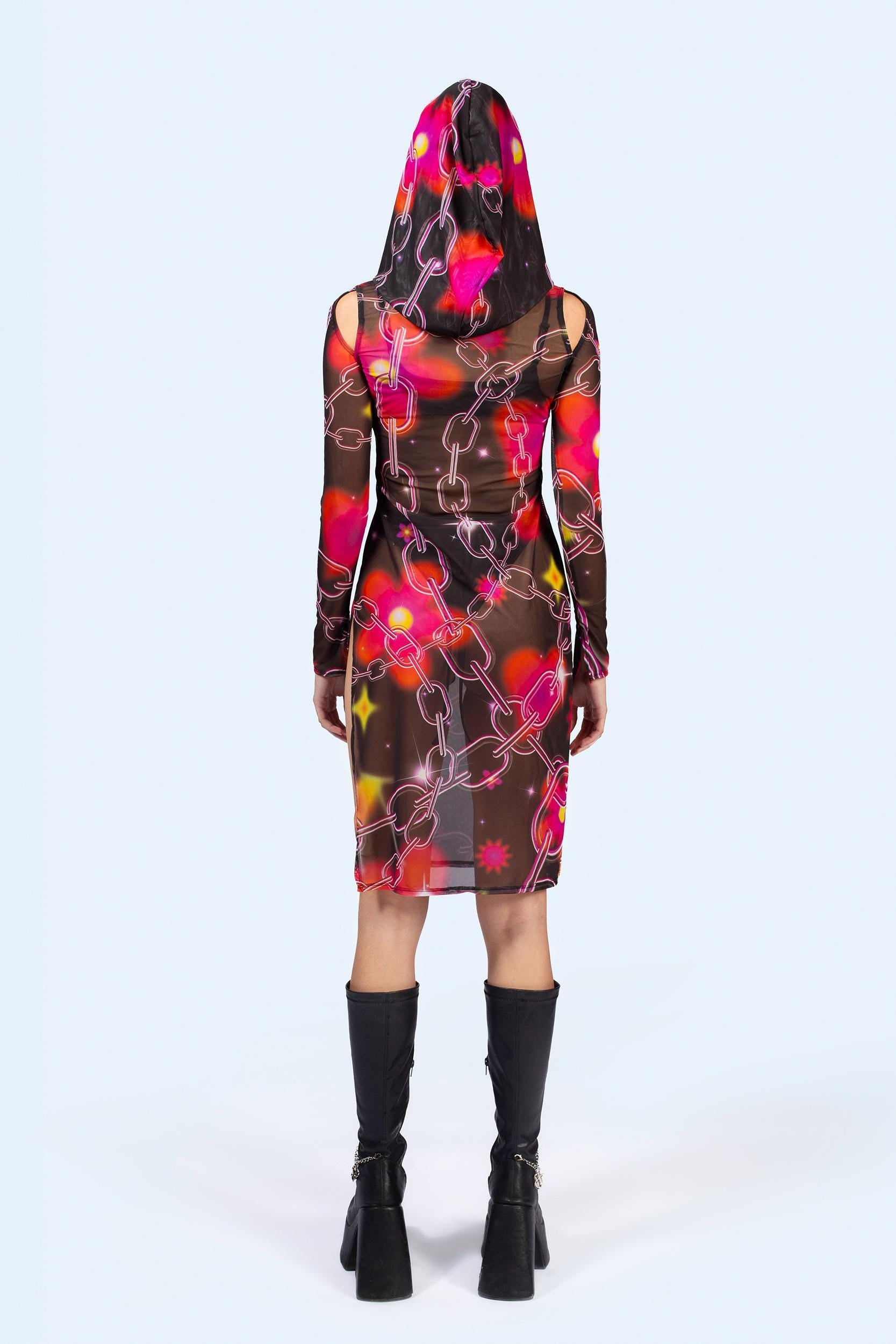 BADINKA Women Target Tangle Mesh Hooded Dress