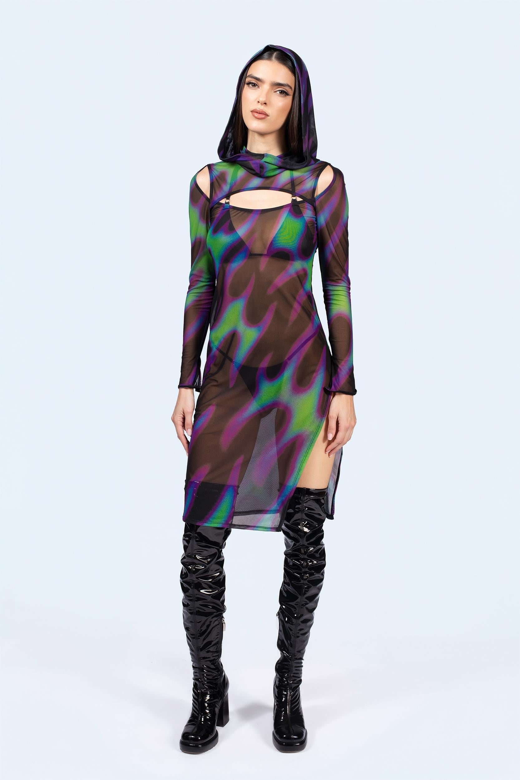 BADINKA Tear In Space Mesh Hooded Dress Rave