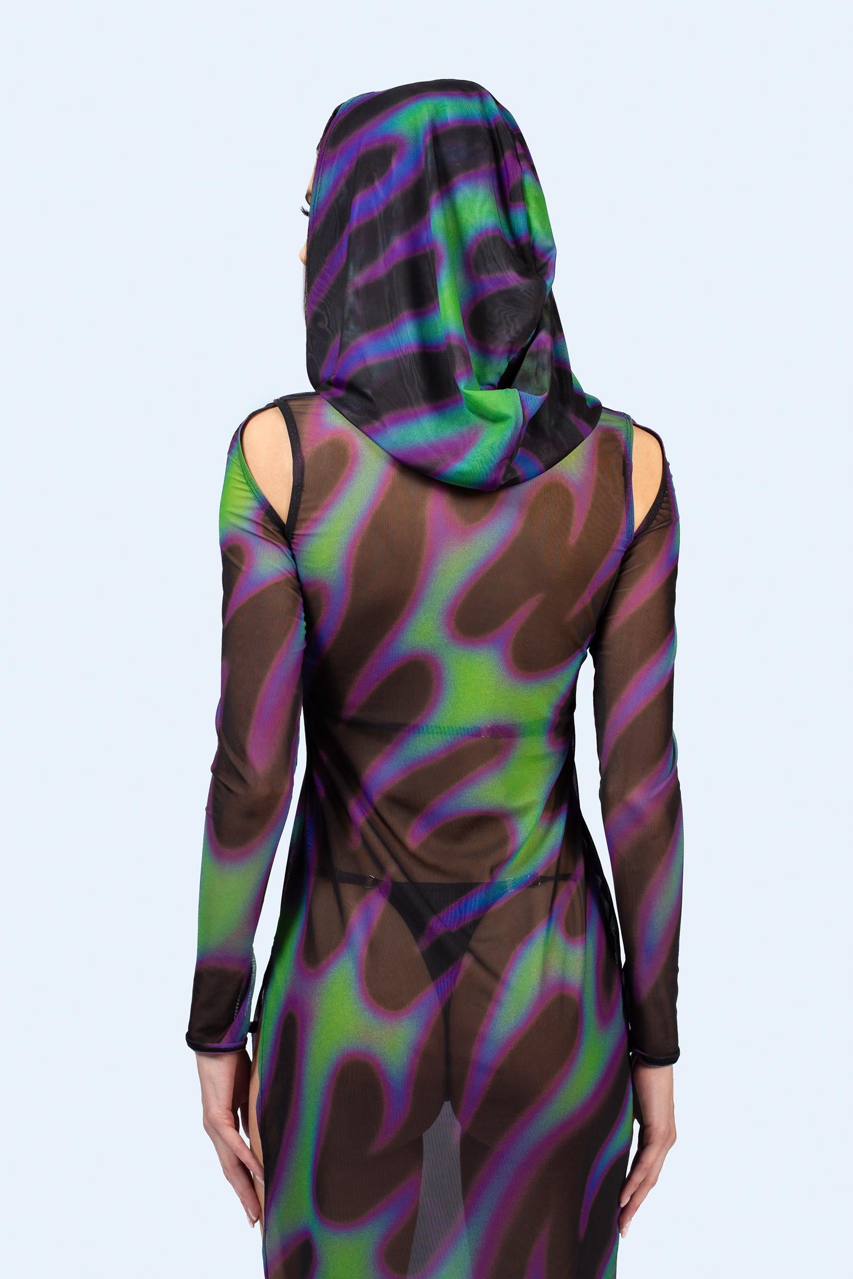 BADINKA Tear In Space Mesh Hooded Dress Black, green