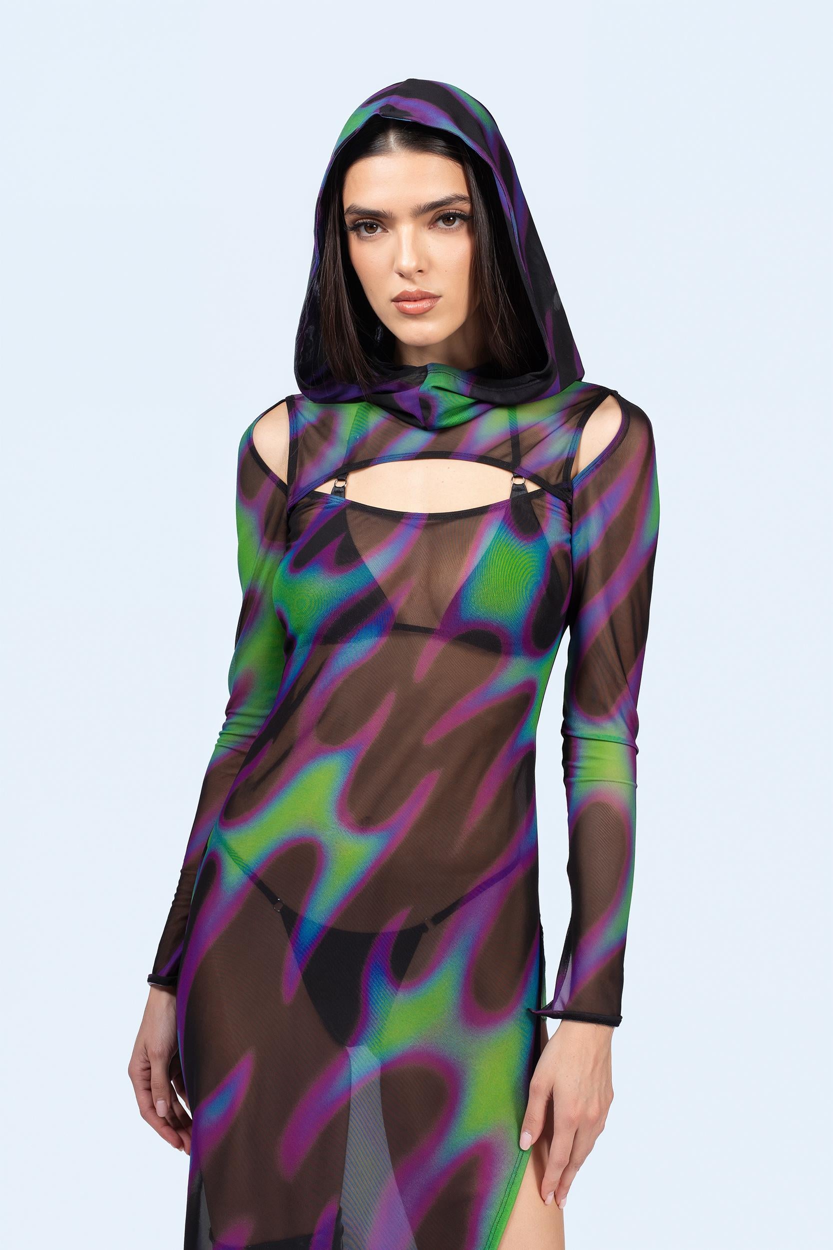 Women's Rave Festival Dress - Badinka Tear In Space Mesh Hooded Dress - Black and Green Mesh See Through
