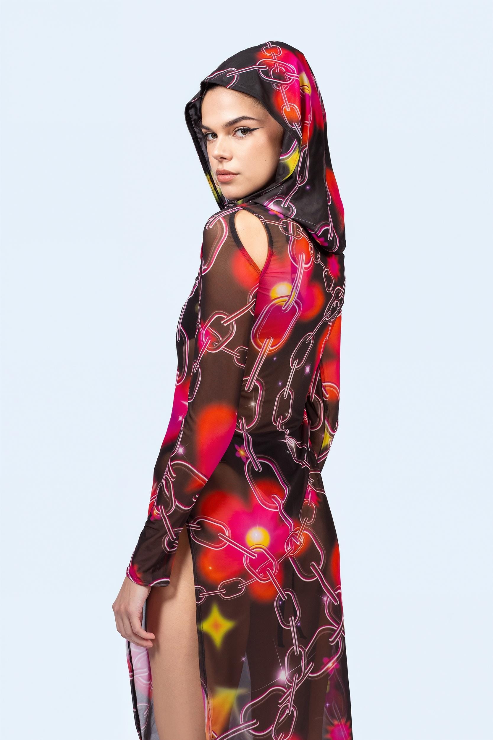 BADINKA Target Tangle Mesh Hooded Dress Black, red